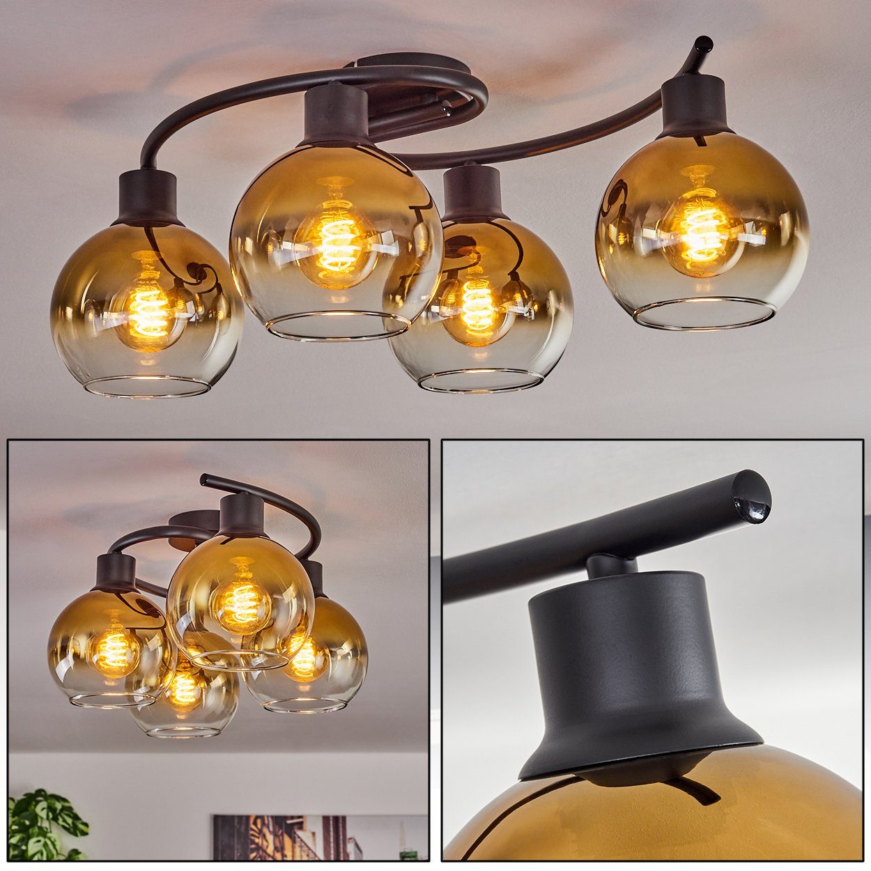 hofstein Deckenleuchte Deckenlampe aus Metall/Glas in Schwarz/Goldfarben/Klar, ohne Leuchtmittel, Leuchte im Retro-Design aus Glas, 4 x E27, ohne Leuchtmittel