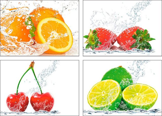 Artland Poster »Früchte mit Spritzwasser«, Lebensmittel (4 Stück), Poster, Wandbild, Bild, Wandposter-Otto
