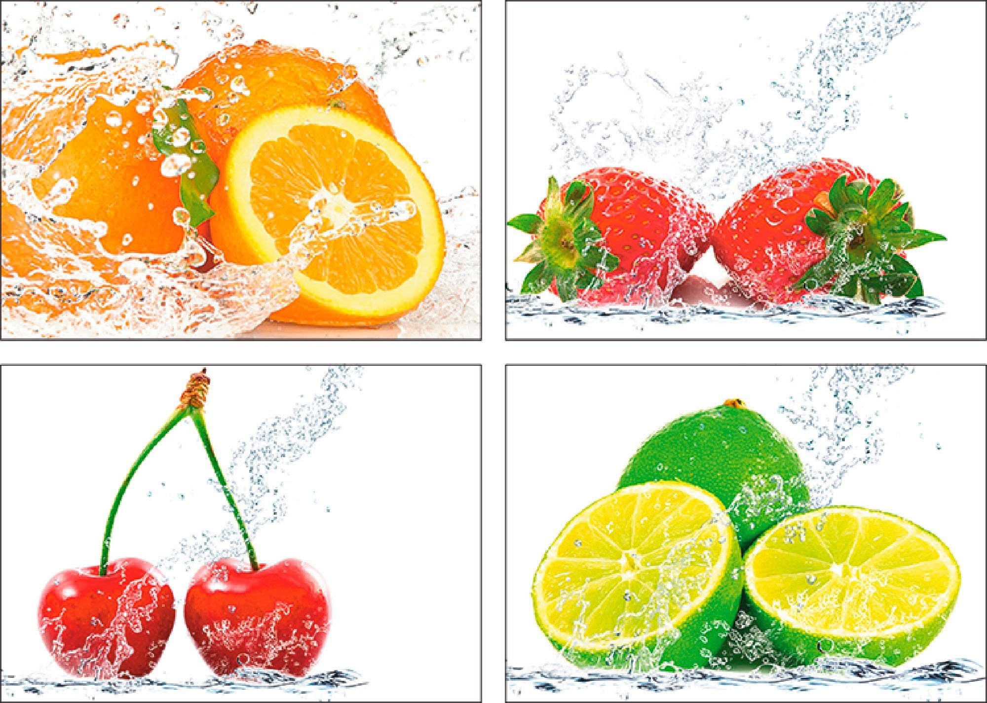 Artland Poster Früchte mit Spritzwasser, Lebensmittel (4 St), Poster,  Wandbild, Bild, Wandposter