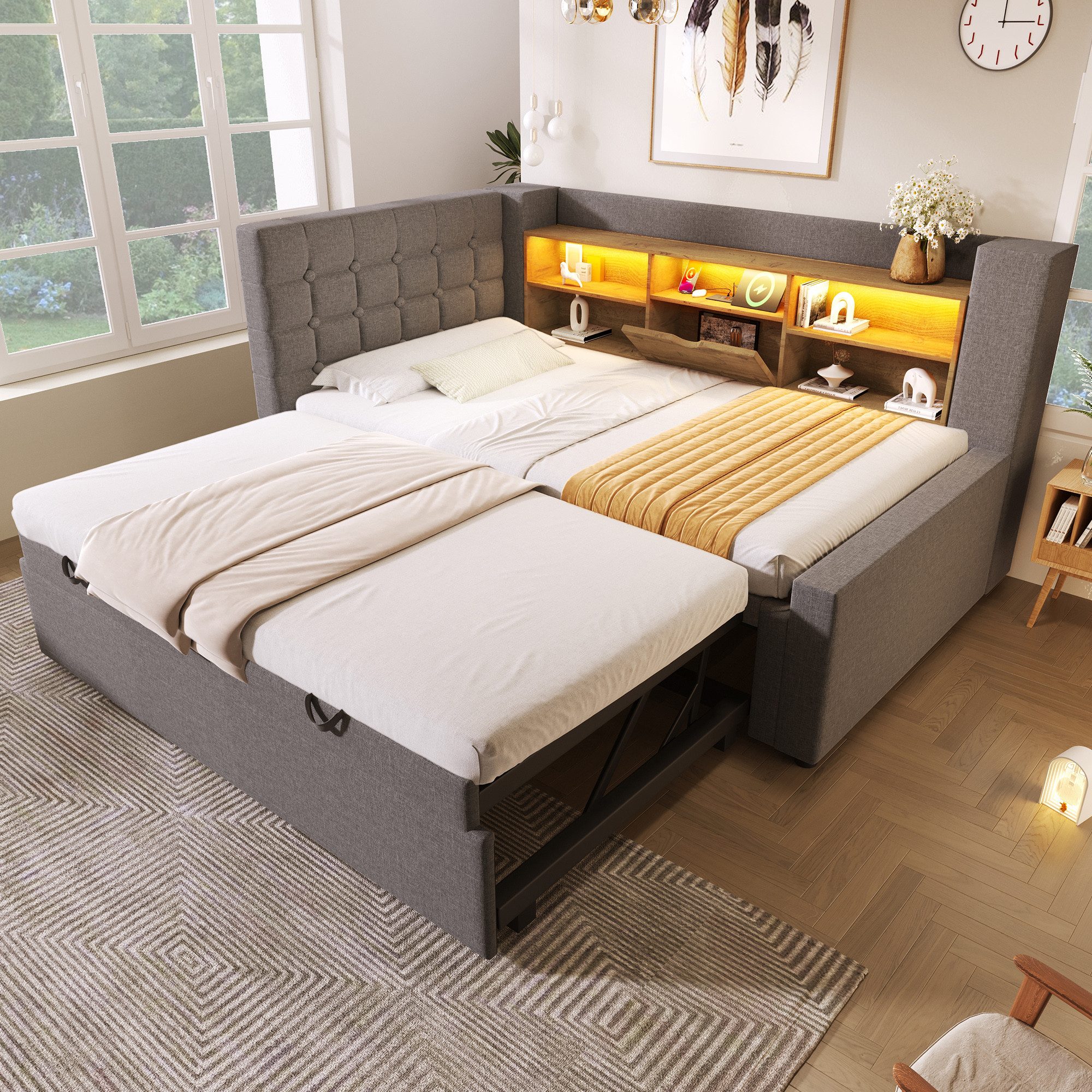 Odikalo Schlafsofa Schlafcouch 90x200 mit LED Ausziehbett und Stauraum, Polsterbett Bett 90x200 cm mit Ausziehbett 90x190, und LED-Beleuchtung,Struraumbett, L-förmigem Kopfteil mit Stauraum, beidseitig montierbar, Lattenrost, Leinen, (Ohne Matratze)