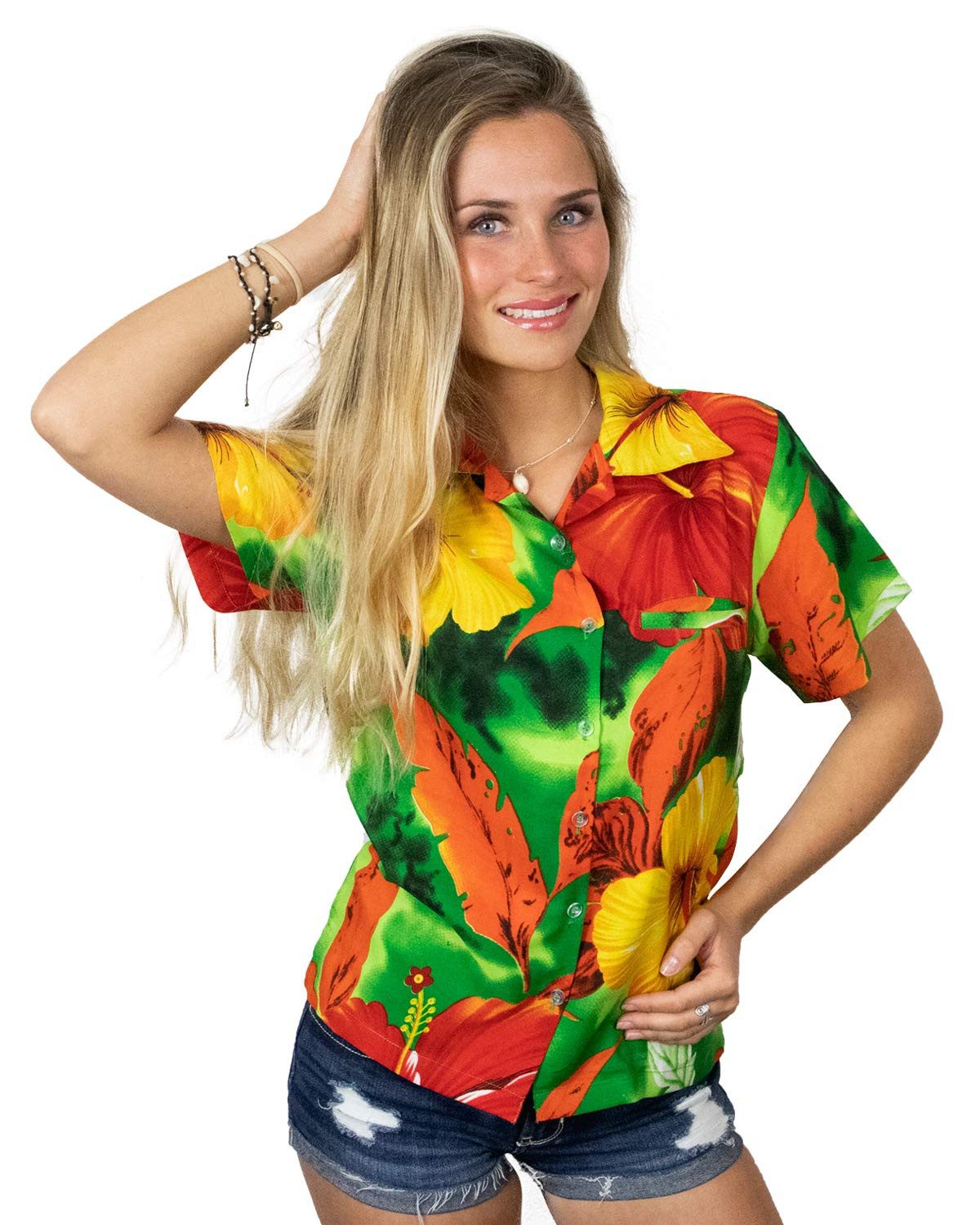 King Kameha Hawaiihemd Big Flower Funky Hawaiibluse Damen Kurzarm Front-Tasche Stylish