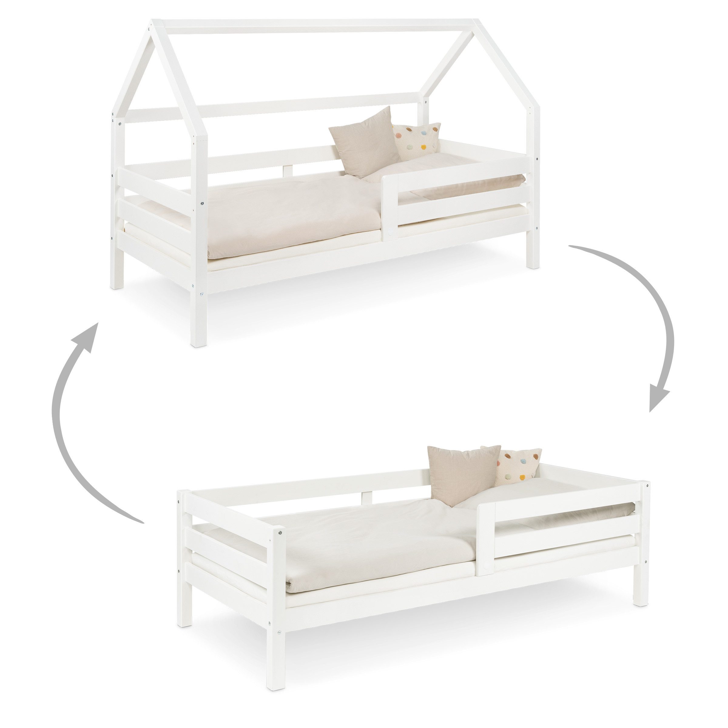 Ehrenkind Hausbett 2in1 Haus- und Kinderbett Sona aus Kiefernholz 90 × 200 cm (Flexibel vom Haus- zum Kinderbett, Weiß), Optional mit Bettkasten oder Schubladen