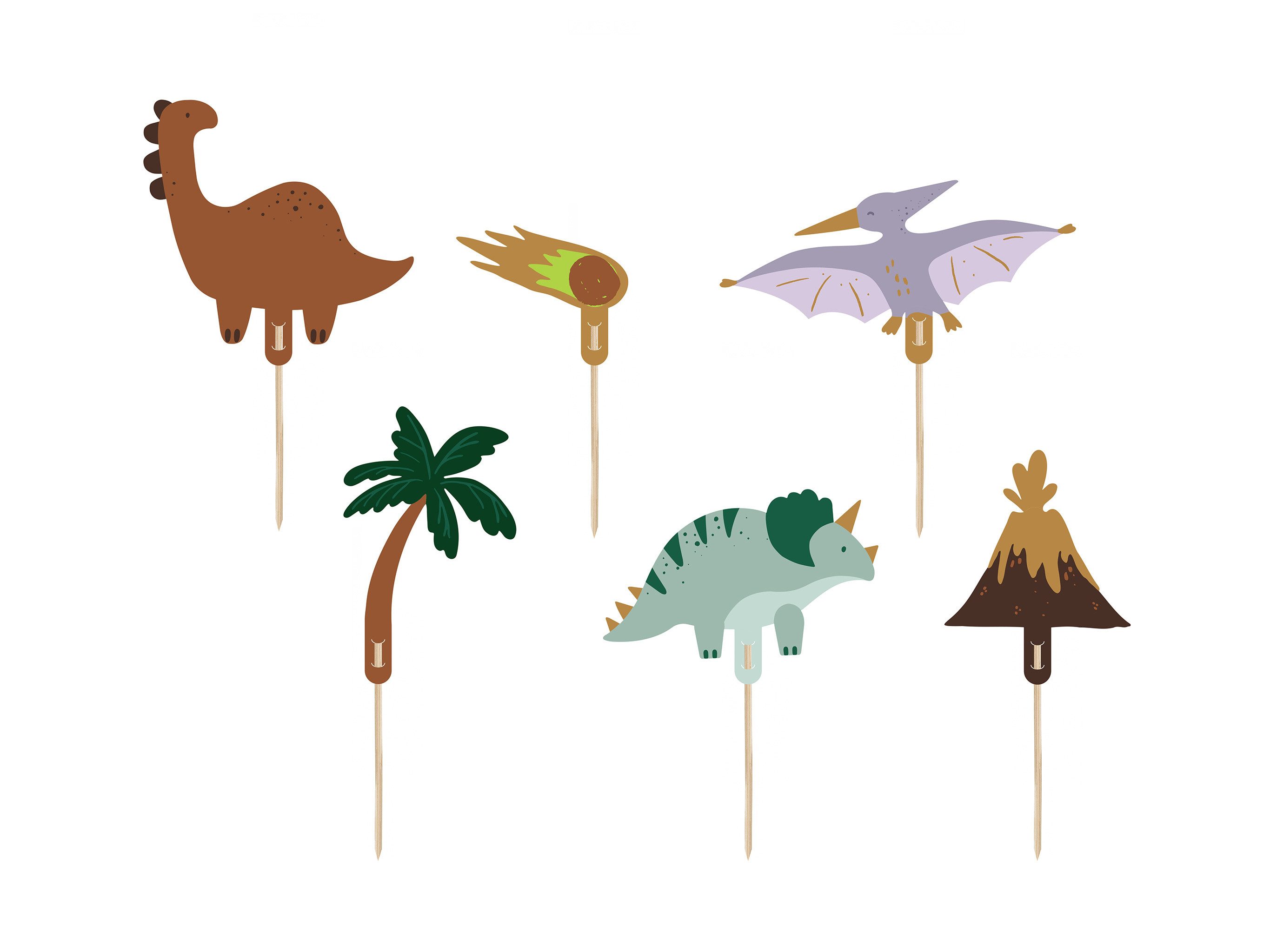 partydeco Tortenstecker, Cake Topper Dinosaurier 8-12cm 6er Set Grün / Braun / Flieder