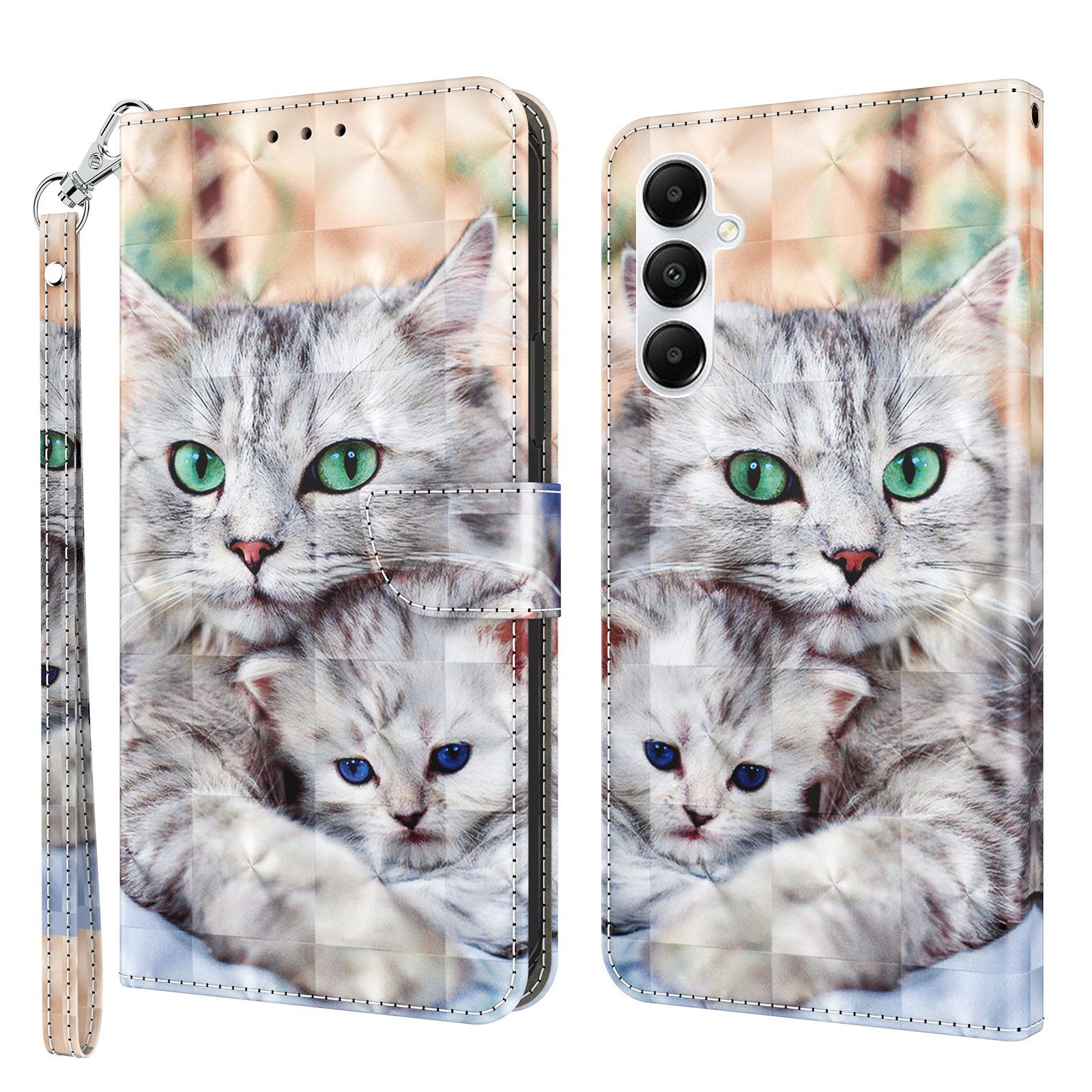 CLM-Tech Handytasche für Samsung Galaxy A16 / A17 5G Hülle aus PU Leder Klapphülle (Katze und Kätzchen, Handyhülle mit Standfunktion - Wallet Flip Case inklusive Kartenfächer), Cover mit Magnetverschluss