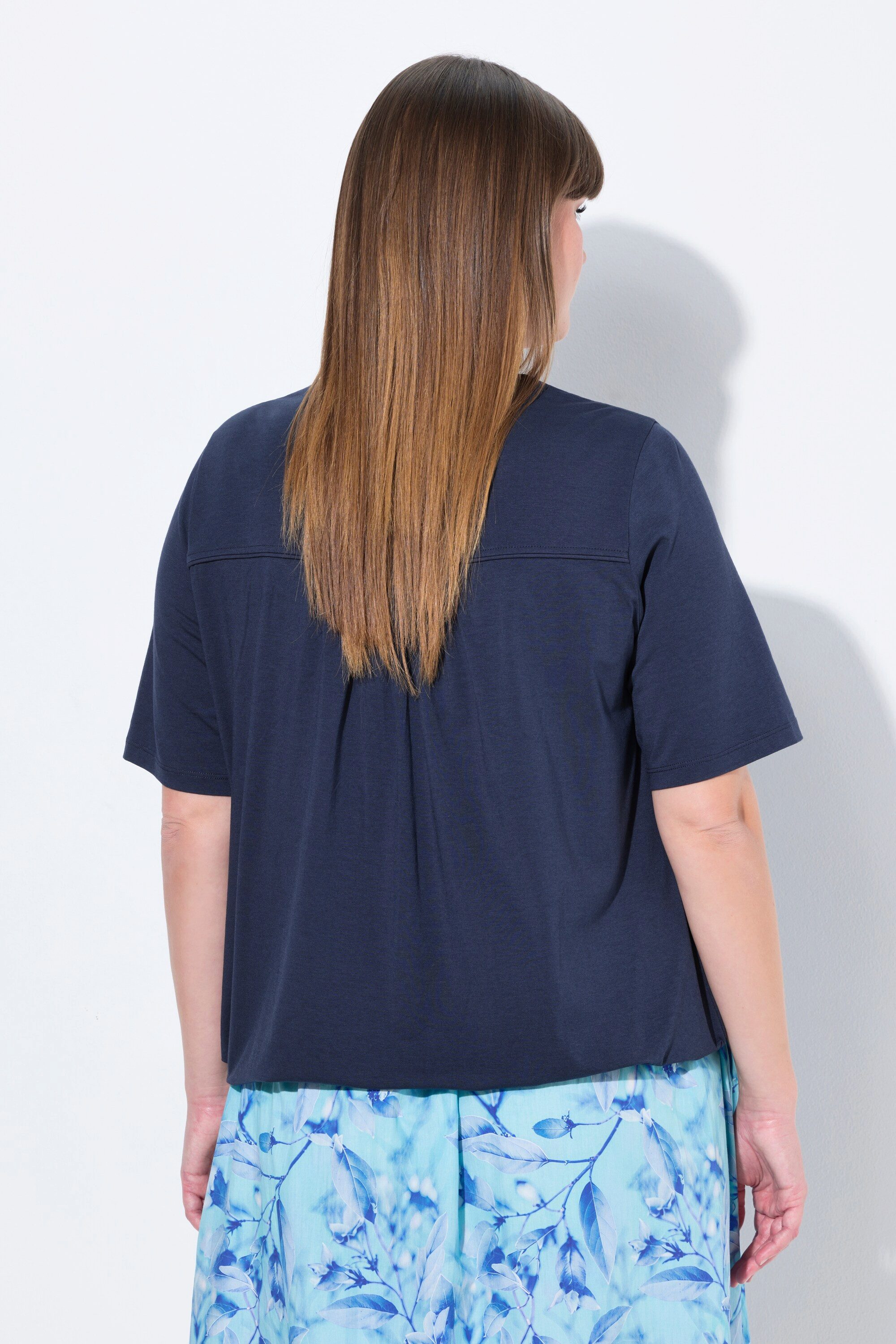 Ulla Popken T-Shirt T-Shirt Gummisaum Biesen V-Ausschnitt Halbarm