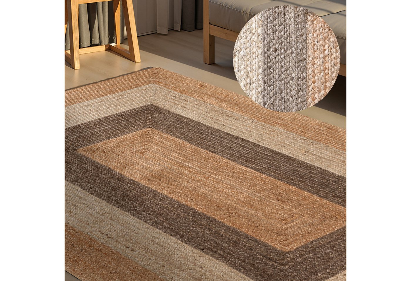 HANSE Home Teppich Juno Fusion Juteteppich, rechteckig, Höhe: 9 mm, Jute, Shape, Handgemacht, Wohnzimmerteppich, Naturteppich, Wohnzimmer
