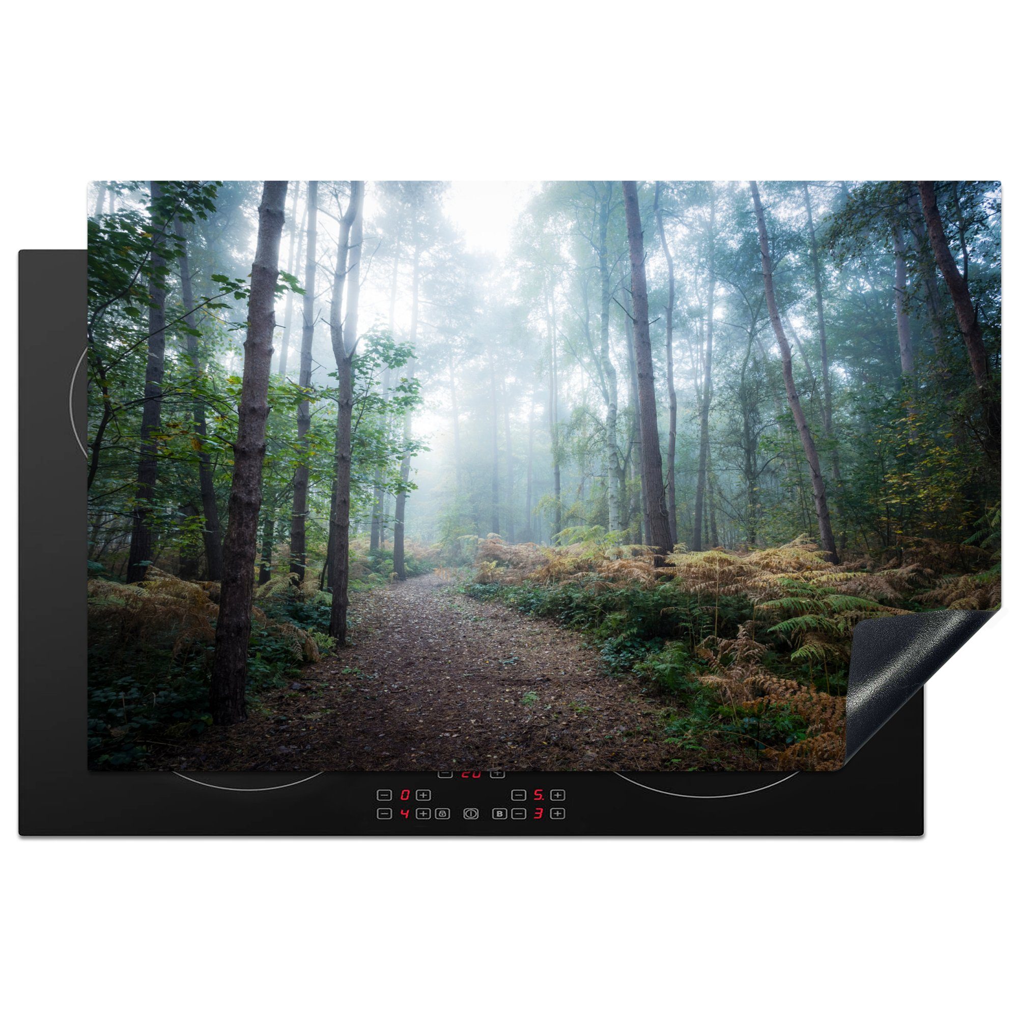 MuchoWow Herdblende-/Abdeckplatte Wald - Nebel - Weg, Vinyl, (1 tlg), 81x52 cm, Induktionskochfeld Schutz für die küche, Ceranfeldabdeckung