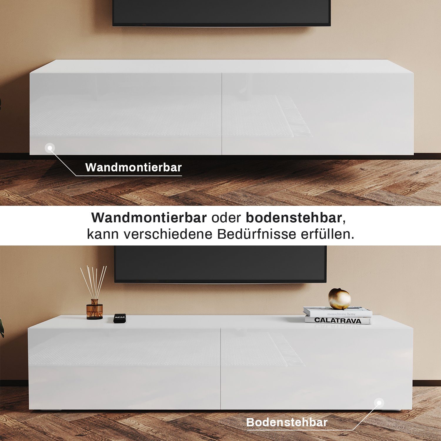 SONNI Lowboard TV Board Hochglanz hängend TV Lowboard Holz 140cm TV Schrank, 140x40x30cm – Bild 3 von 5