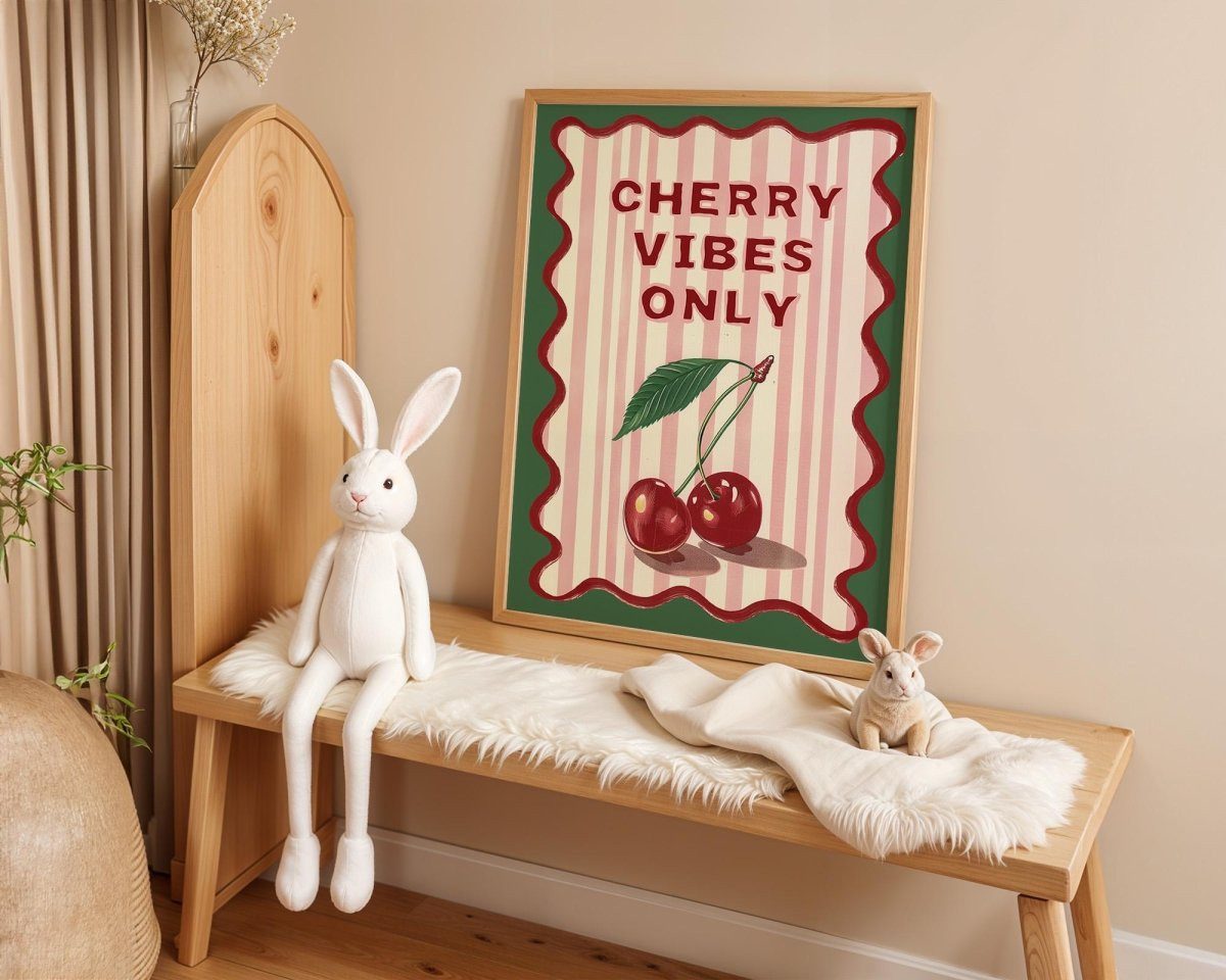 JUSTGOODMOOD Poster Kinderzimmer Kirschen Cherry Vibes Only Fruchtige Wanddeko im Retro Lo, (1 St)