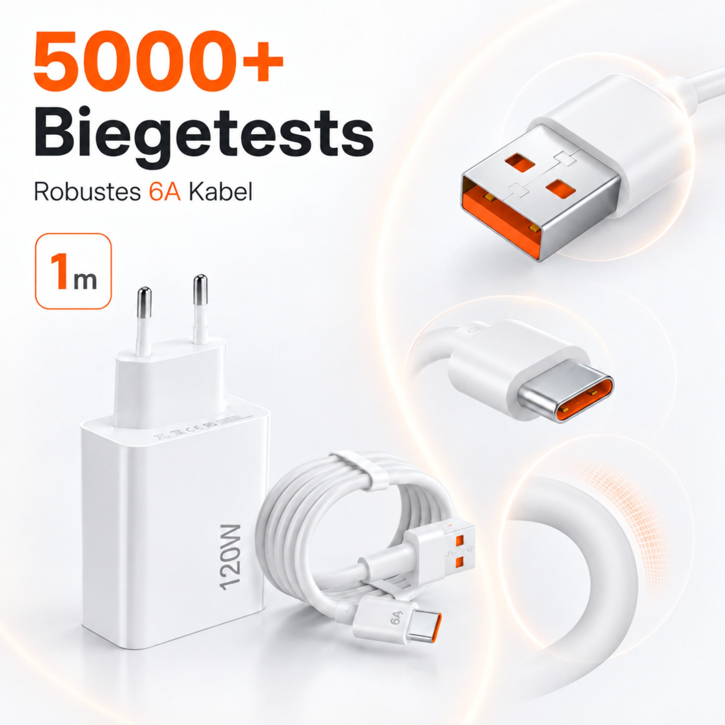 PlugUp 120W Hyper Charger Xiaomi USB-C Ladegerät 67W/90W/120W Smartphone-Ladegerät (6000 mA, Set, Inkl. 1m 6A USB-A auf USB-C Ladekabel, HyperCharger für Xiaomi – Bild 4 von 5
