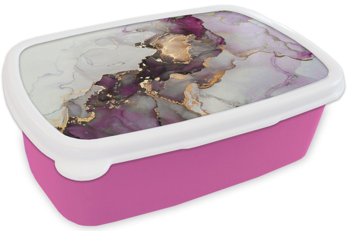 für Lunchbox - - Abstrakt Kunststoff, (2-tlg), Kunststoff Marmor Gold - rosa Erwachsene, Mädchen, MuchoWow Brotdose Kinder, Lila, Brotbox Snackbox,