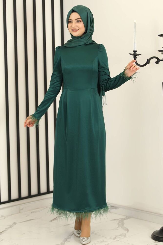 Modavitrini Satinkleid Damen Kleid Abendkleid Satin glänzend Smaragd-Grün Modest Satin Abiye Abaya Hijab Fashion