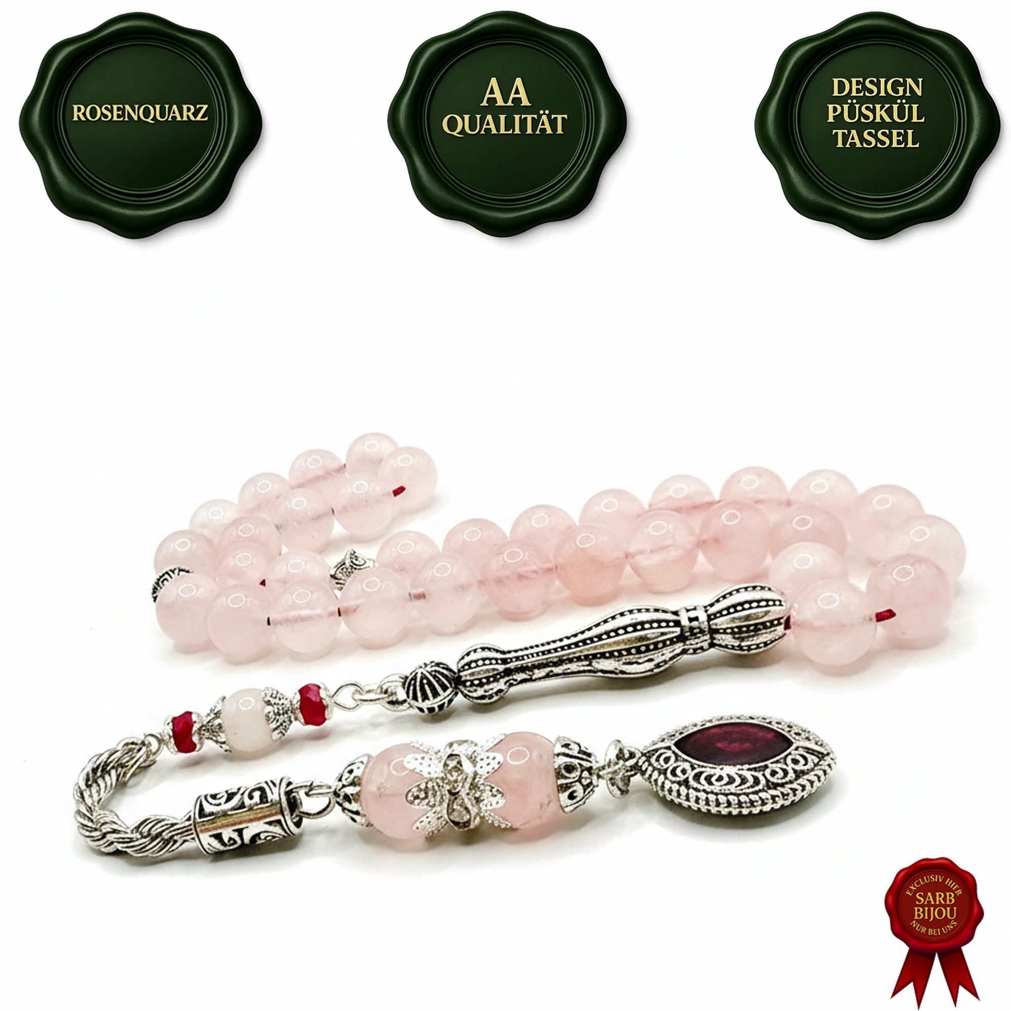 M-Punkt24 Kettenanhänger Tesbih Tespih Naturstein Küre Rund (Rosenquarz Pembekuvars, Subha, Misbah, Rosary, Gebetskette), Design Püskül, inkl. ETUI, *SONDERPREIS WEGEN PRODUKT NEUHEIT*