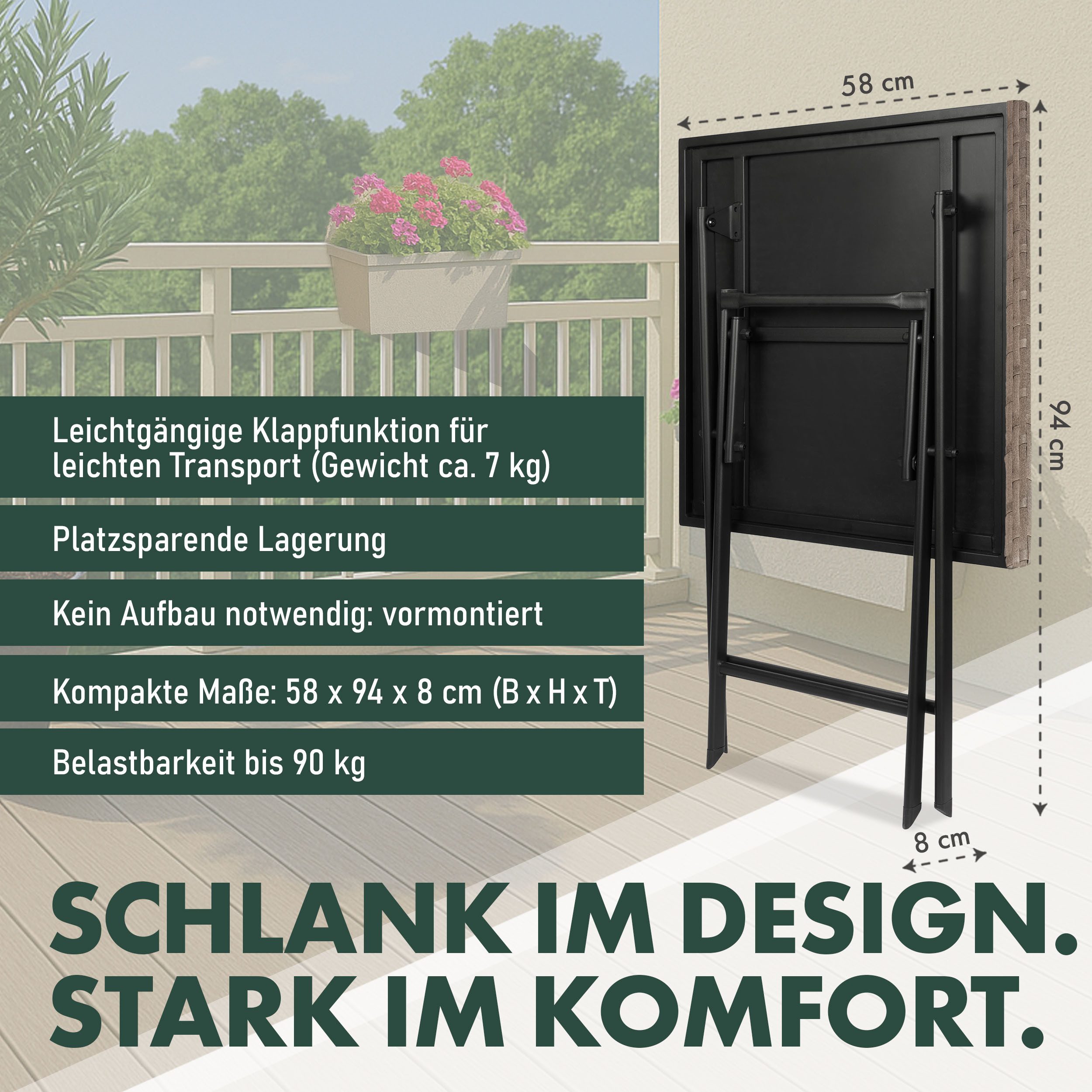 BRUBAKER Gartentisch Toskana - 58 x 58 cm Balkontisch wetterfest (1-St., Campingtisch eckig - Klapptisch für Balkon, Terrasse), Polyrattan und Metall Beistelltisch klappbar - Bistrotisch - Grau