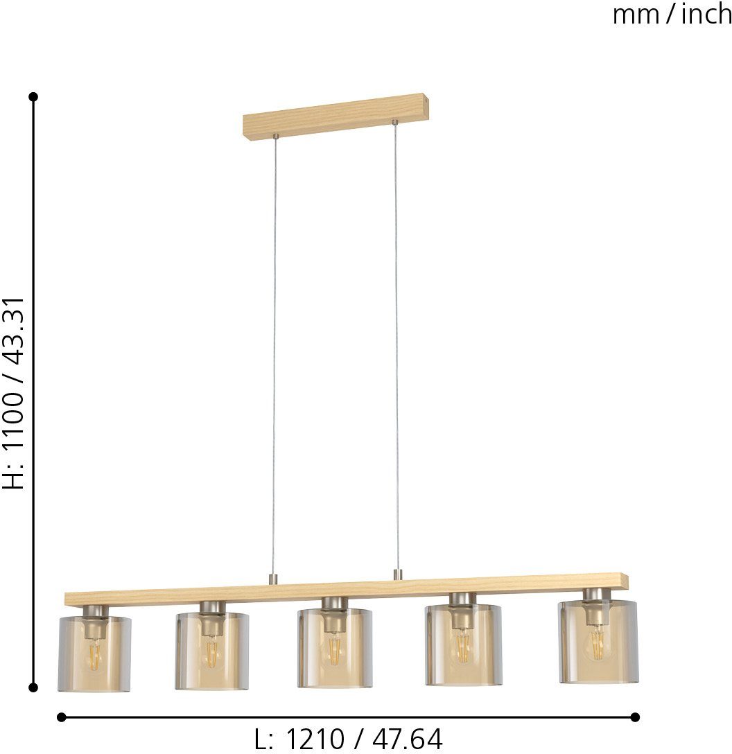 EGLO Hängeleuchte CASTRALVO Pendellampe, Stahl, Holz und Glas, E27, IP20, Esszimmerlampe, Dimmfunktion, ohne Leuchtmittel, Hängelampe für Esszimmer, Küche oder Wohnzimmer