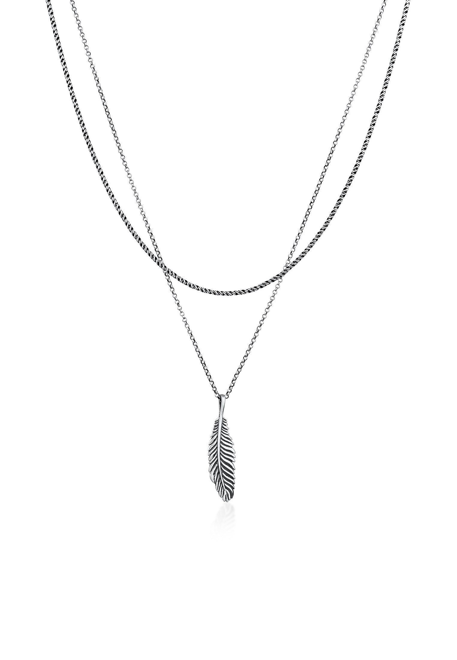 Silberkette Layer mit Feder Anhänger 925 Sterling Silber Oxidiert
