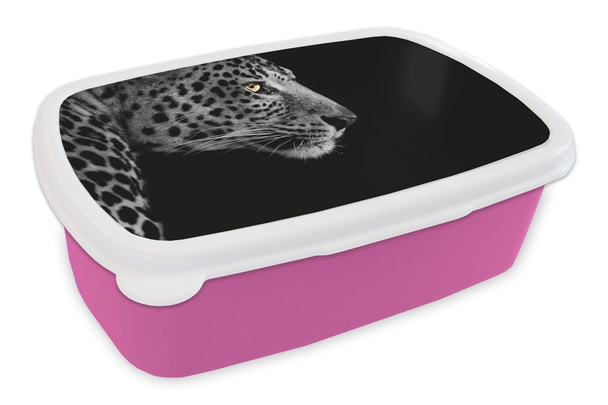 MuchoWow Lunchbox Leopard - Schwarz - Weiß - Pelz, Kunststoff, (2-tlg), Brotbox für Erwachsene, Brotdose Kinder, Snackbox, Mädchen, Kunststoff rosa