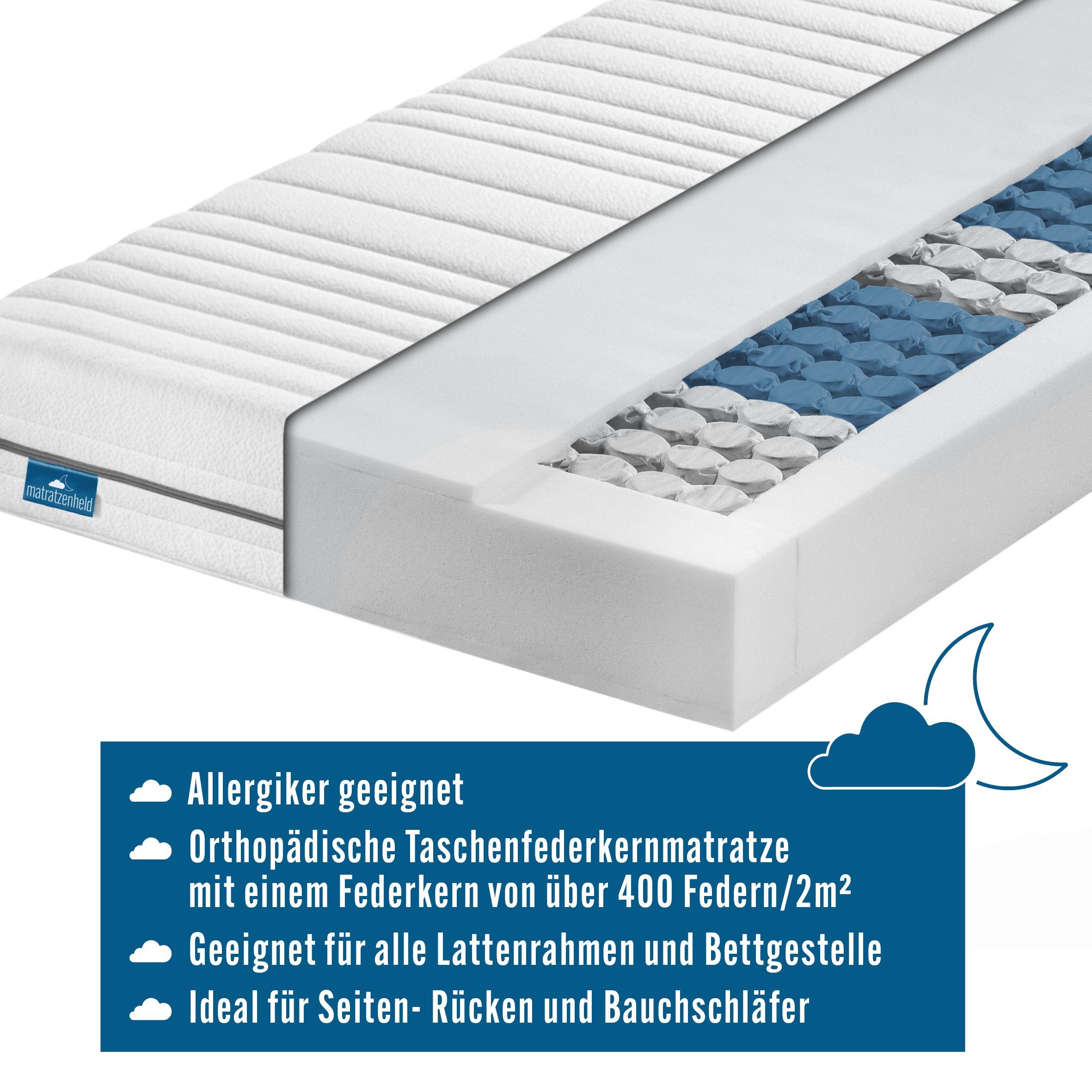 Taschenfederkernmatratze Relax, Matratzenheld, 18 cm orthopädische Schlafposition, Made in Germany hoch, jede 7-Zonen-Matratze für