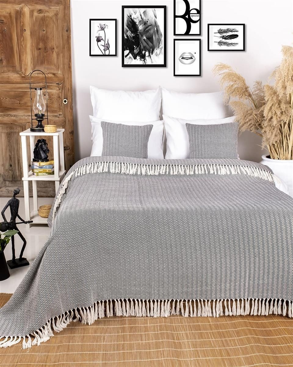 Gräfenstayn Tagesdecke Premium Tagesdecke 100% Baumwolle Fischgrätenmuster Sommerdecke, Wohndecke als Sofa-Überwurf, Bett-Überwurf, Couch-Überwurf, Sofa-Decke