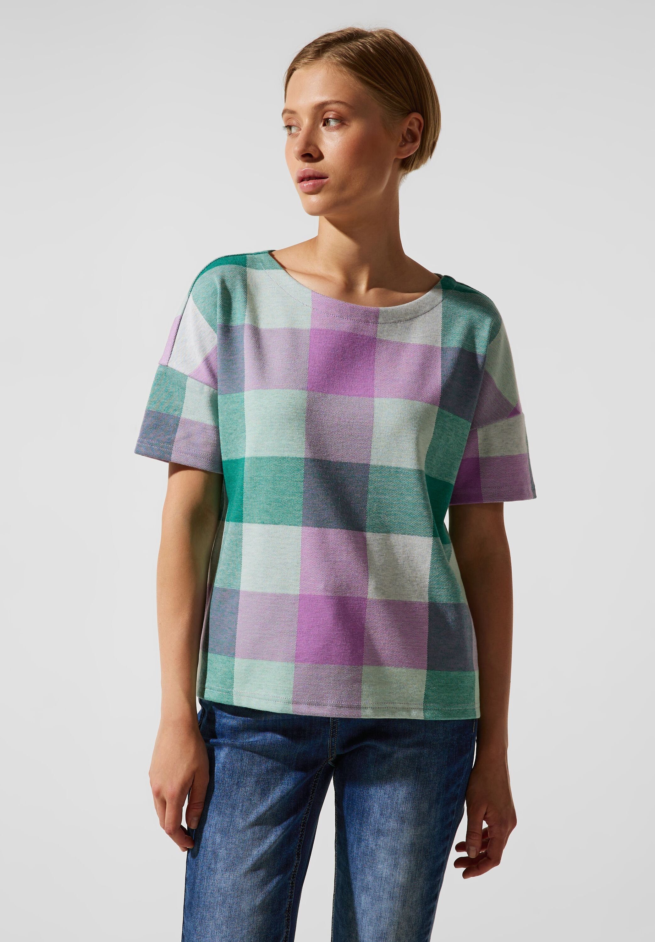 STREET ONE Länge 103 One Multicolor Taille Shirt Karo in cm, (1-tlg) cm, 105 Größe Street Lilac bei Vorhanden, Maße 61 Meta Nicht cm T-Shirt ca.: 38 Saumweite