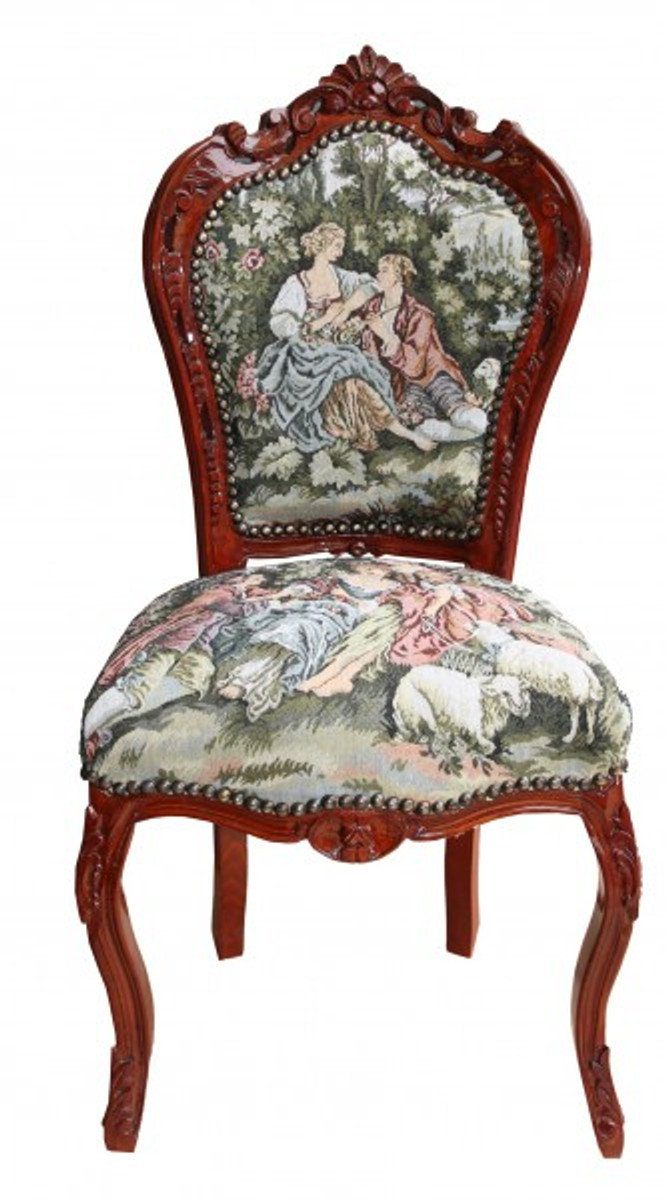 Casa Padrino Esszimmerstuhl Barock Esszimmer Stuhl ohne Armlehne Gobelin "Love Story "/Braun - Antik Stil