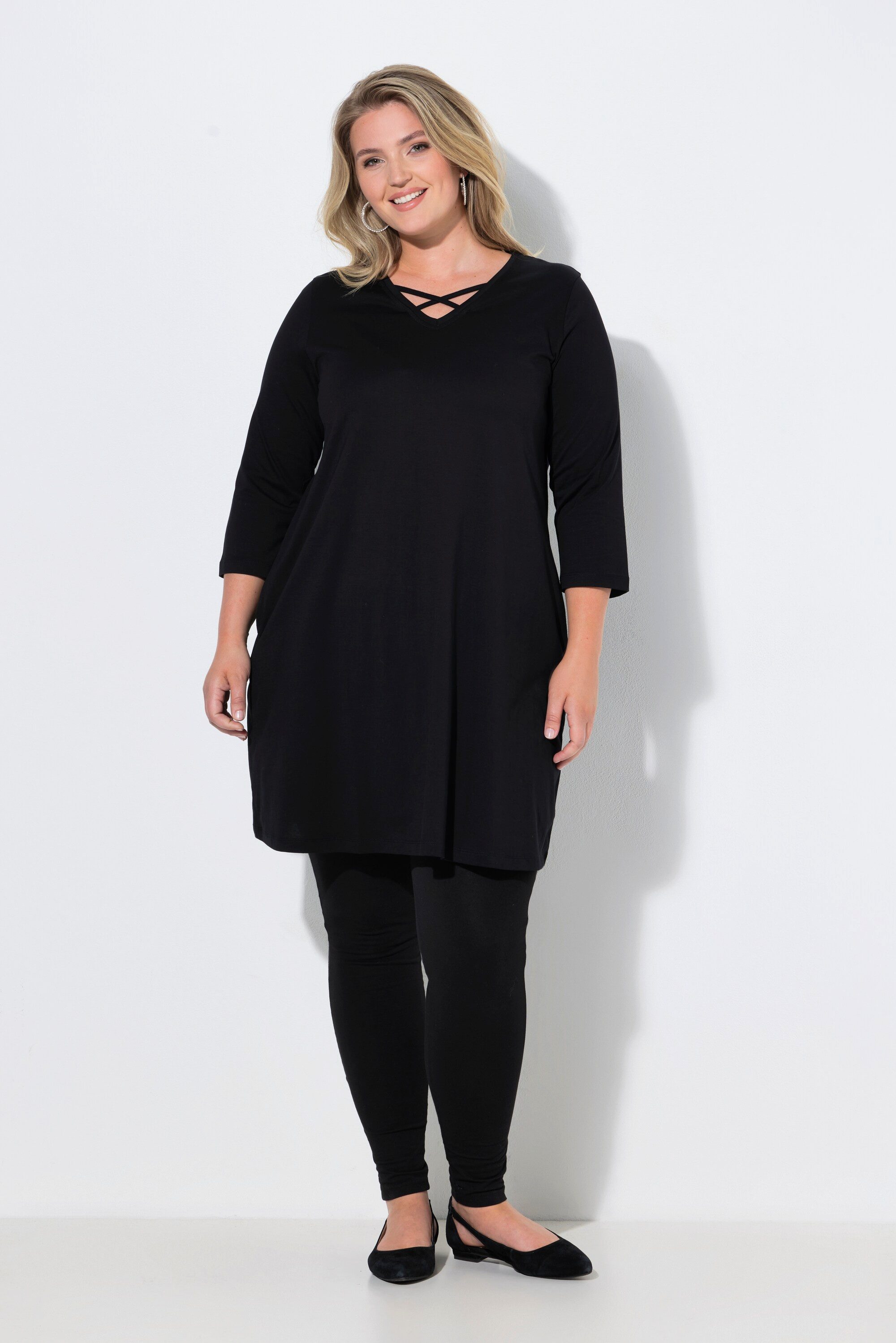 Ulla Popken Longshirt Longshirt Zierbänder A-Linie V-Ausschnitt 3/4-Arm