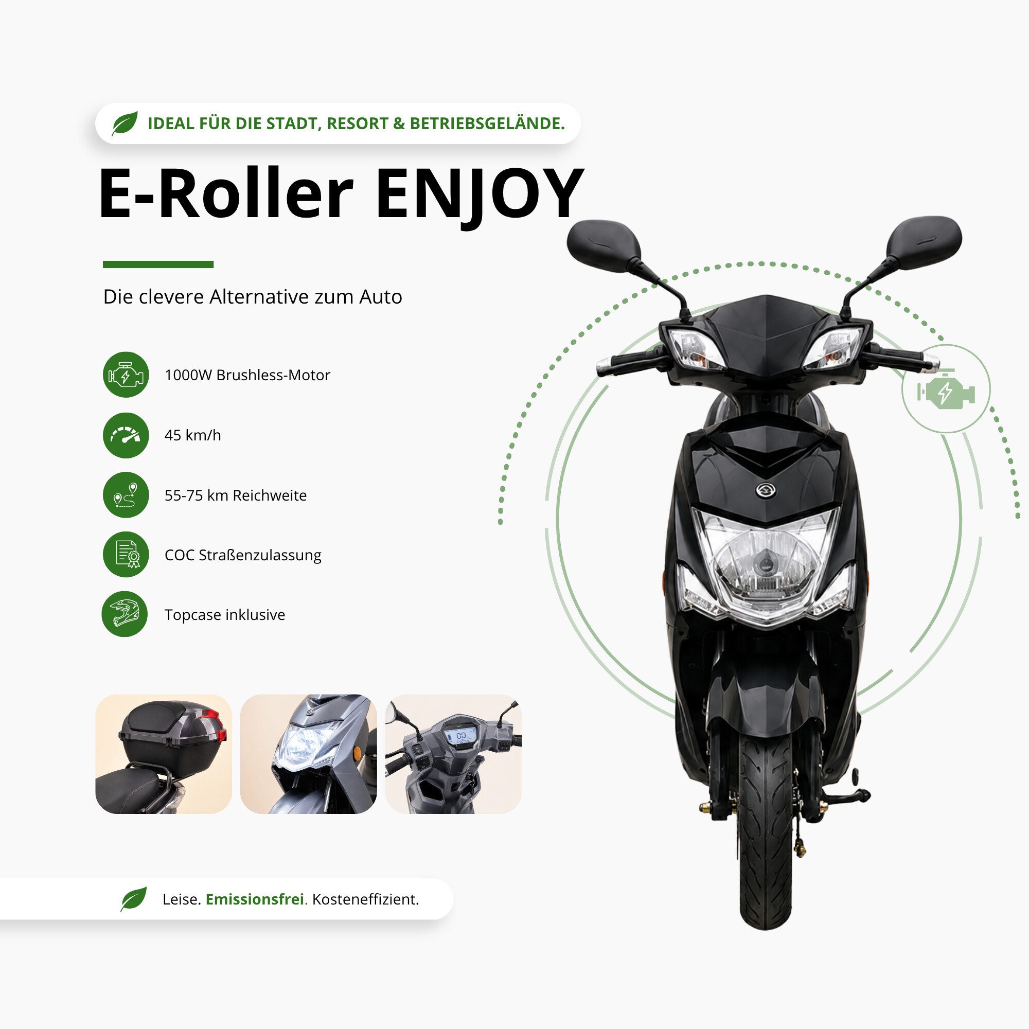Urban Hopper E-Motorroller Elektro-Roller mit Straßenzulassung in Grau Urban Hopper Enjoy, 1000 W, 45 km/h, Reichweite ca. 75 km mit LED, Scheibenbremsen Inklusive Top-Case