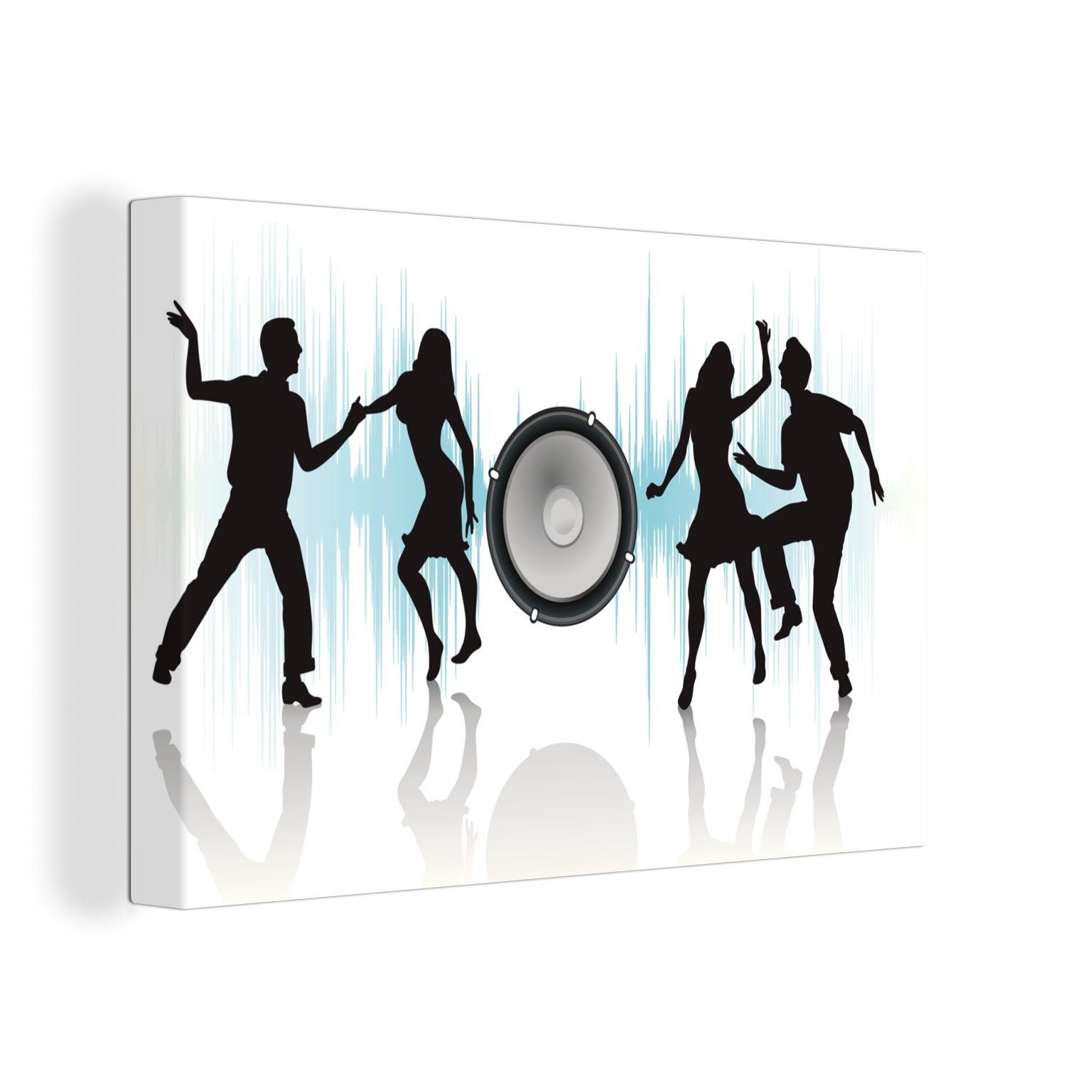 OneMillionCanvasses® Leinwandbild Eine Illustration von tanzenden Menschen mit einer Schachtel, (1 St), Wandbild Leinwandbilder, Aufhängefertig, Wanddeko, 30x20 cm