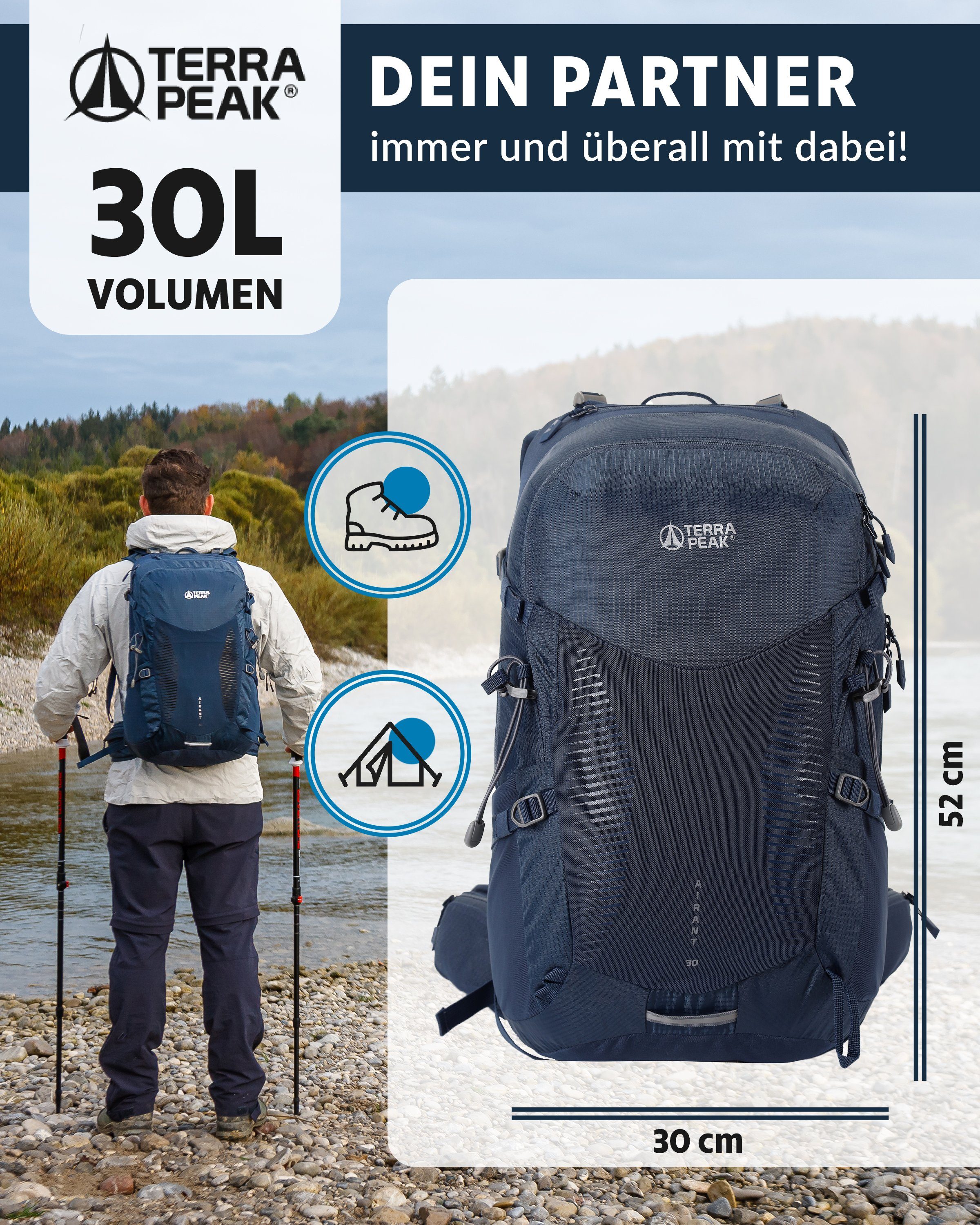 mit 30, Netzrücken Terra klein Rucksack belüftetem Peak Wanderrucksack Liter Navyblau 30 Airant mittelgroß