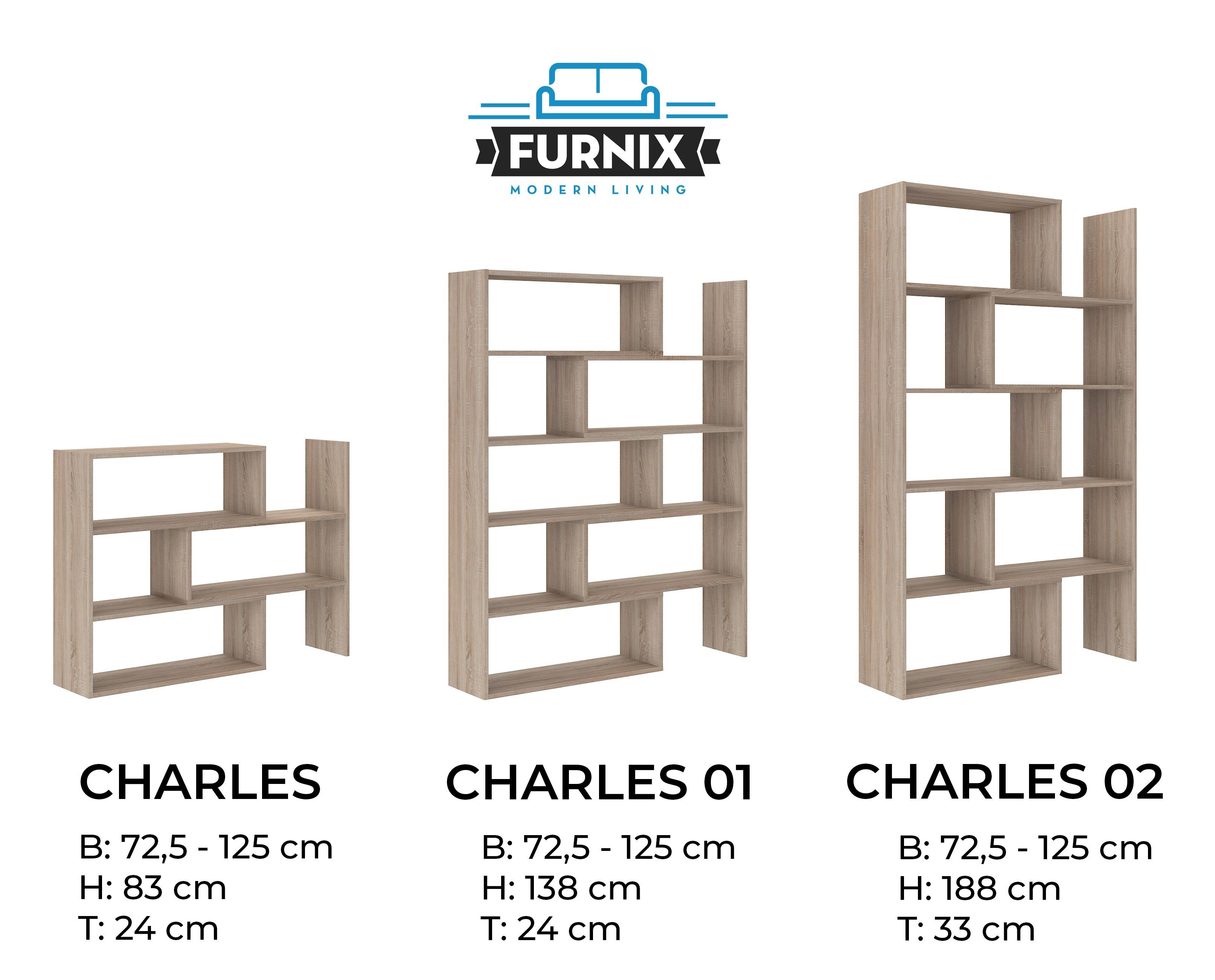 Furnix Raumteiler CHARLES Auswahl, je 3 ausziehbar Farben 3 Varianten Bücherregal in Wandregal Eiche Sonoma