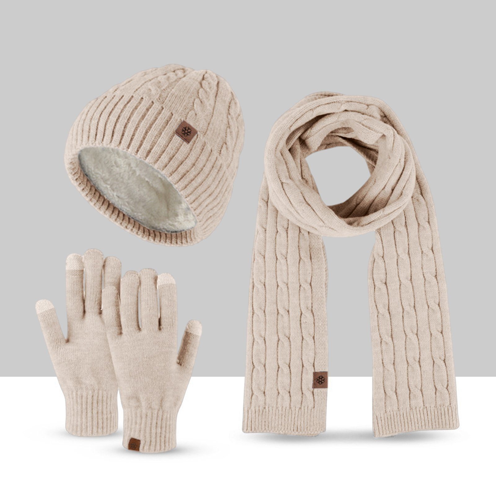 Rutaqian Beanie Winter Warm Beanie Mütze Schal und Touchscreen Handschuhe Set (Der Durchmesser des Hutes beträgt 22,5 cm, was etwas größer sein wird, Dreiteiliges, kältebeständiges, warmes Fleece-Set für den Außenbereich) für Herren und Damen (große Größe) Khaki