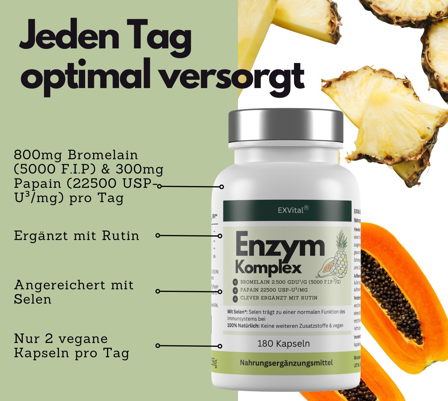 Enzym Komplex, mit 800mg Bromelain, 300mg Papain, Rutin & Selen Kapseln, 156 g