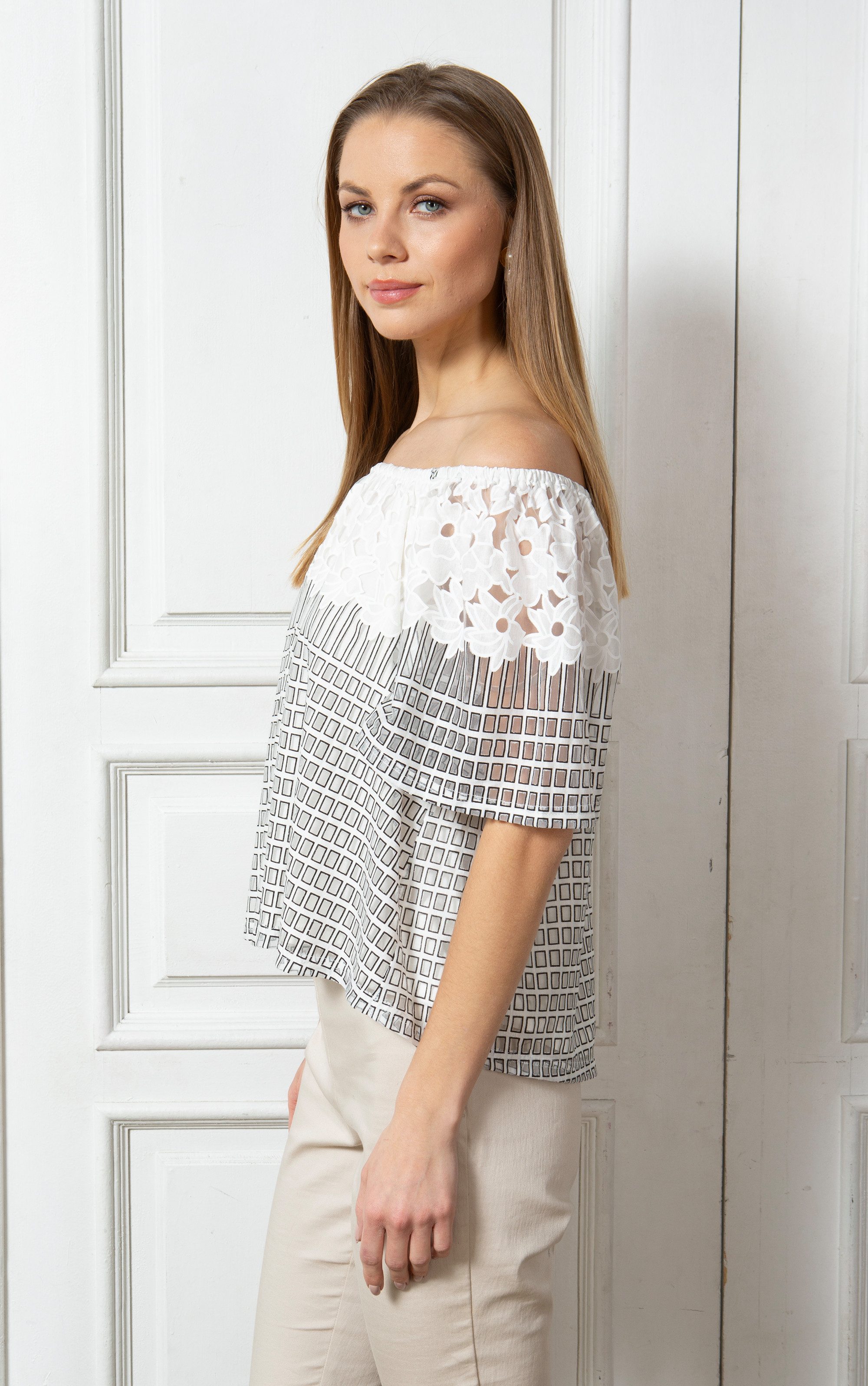 Passioni T-Shirt Sommer Schulterfrei Top mit Blumen und geometrischem Muste günstig online kaufen