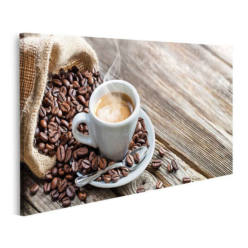 islandburner Leinwandbild Bild auf Leinwand Espresso-Kaffeetasse mit Bohnen auf Vintage-Tisch Wa