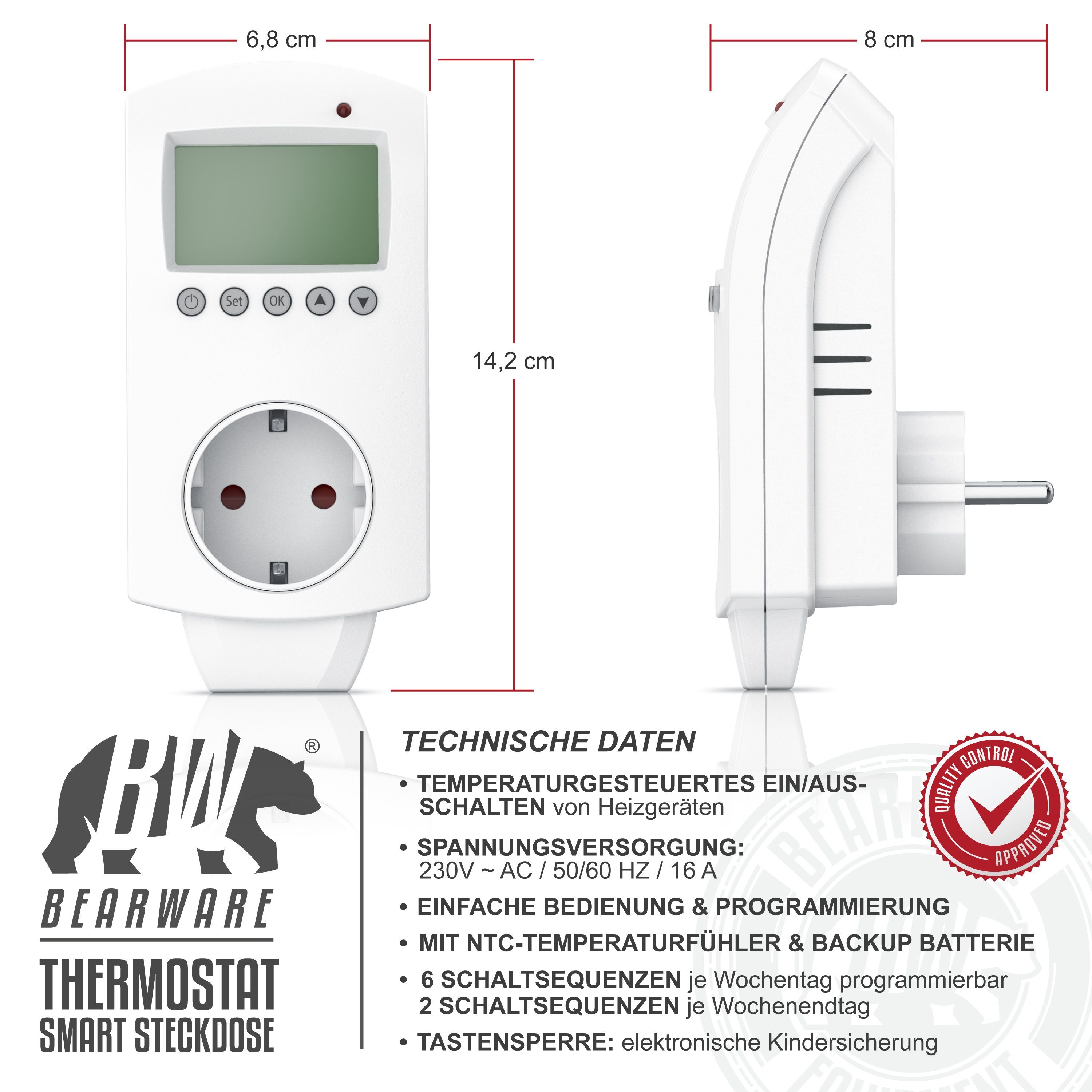 BEARWARE Steckdosen-Thermostat WLAN Steckdosenthermostat, WiFi Smart Life, für Heizgeräte, 5°-35°, max. 3680 W