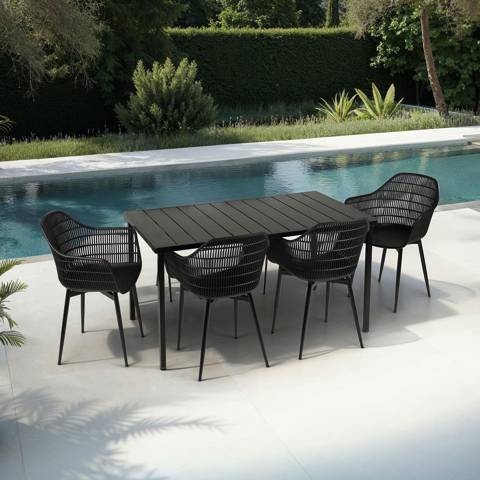 IDIMEX Garten-Essgruppe MARGHERITA, Balkonmöbel Set 4 Personen Gartenstuhl mit Armlehnen und Tisch Schwarz