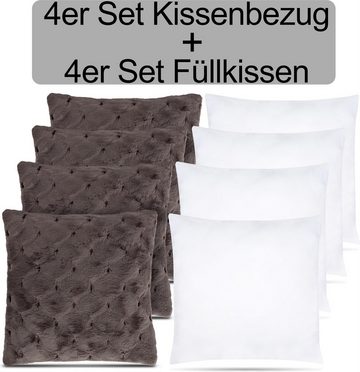 Aspero Dekokissen 4er Set Kissenbezüge inkl. Füllung Riga, Plüsch-Kissen mit Reißverschluss 45 x 45 cm und Soft-Touch