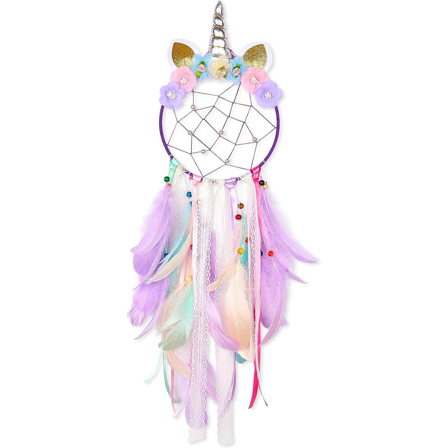 Cbei Traumfänger Einhorn Traumfänger Großer Dreamcatcher Dekoration φ20*75CM (Handgemachte Bunte Feder Blume DIY Dream Catche, 1 St), Kindergarten Schlafzimmer Wandbehang Dekoration für Mädchen Kinder