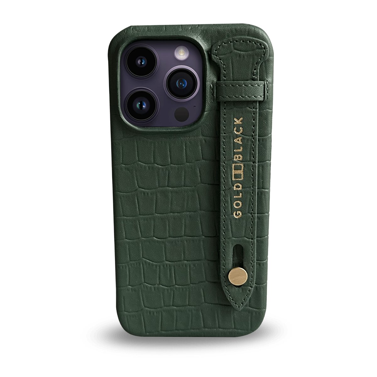GOLDBLACK Handyhülle iPhone 14 Pro Slim Lederhülle Kroko-Prägung grün mit Fingerschlaufe