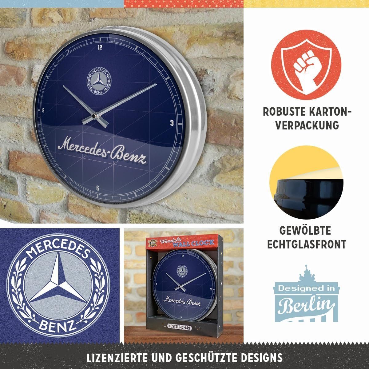 Nostalgic-Art Wanduhr Wanduhr - Mercedes-Benz - Silver & Blue