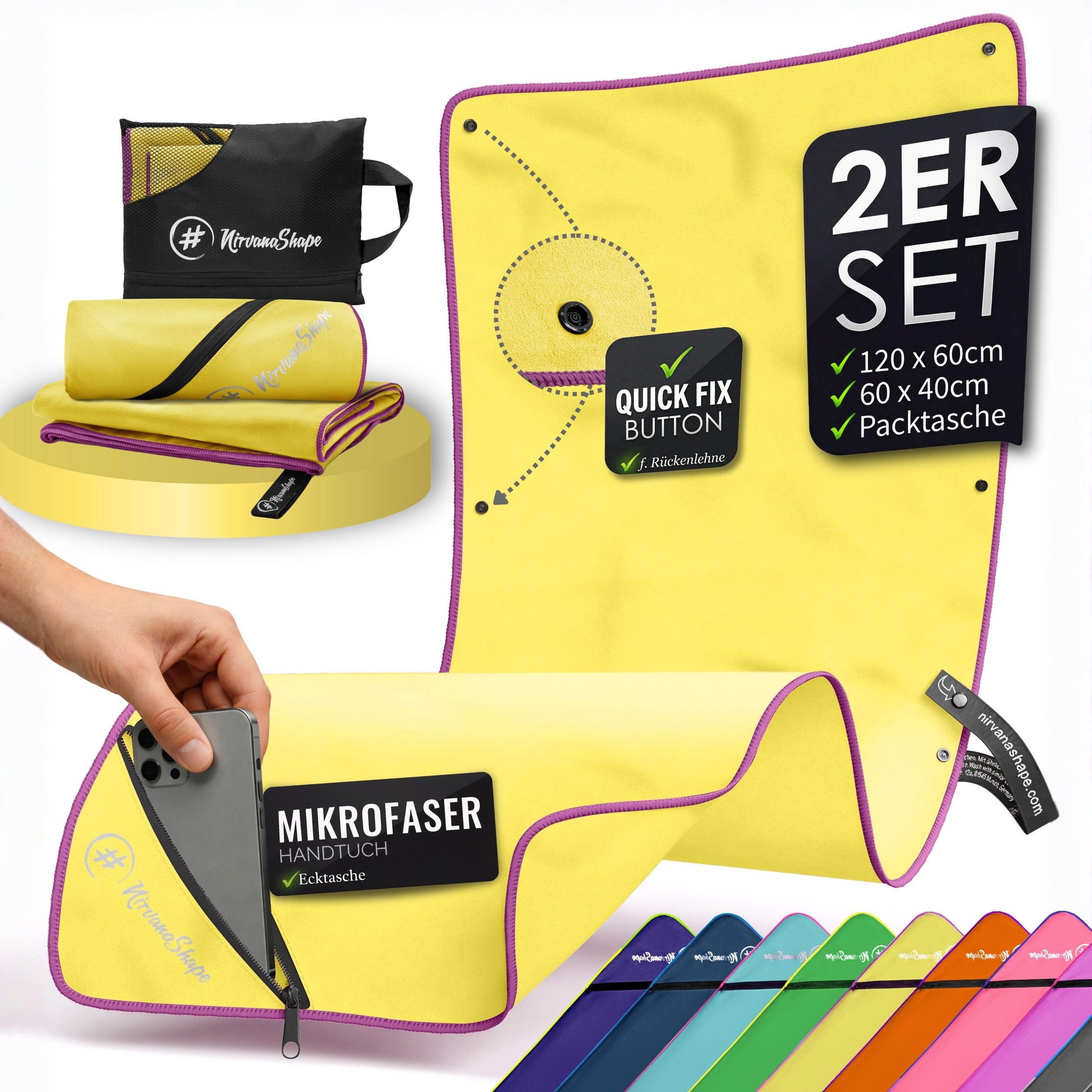 NirvanaShape Reisehandtuch Mikrofaser Handtuch, Badehandtuch, Reisehandtuch, Sporthandtuch, Ecktasche mit Reißverschluss, saugfähig, leicht, schnelltrocknend