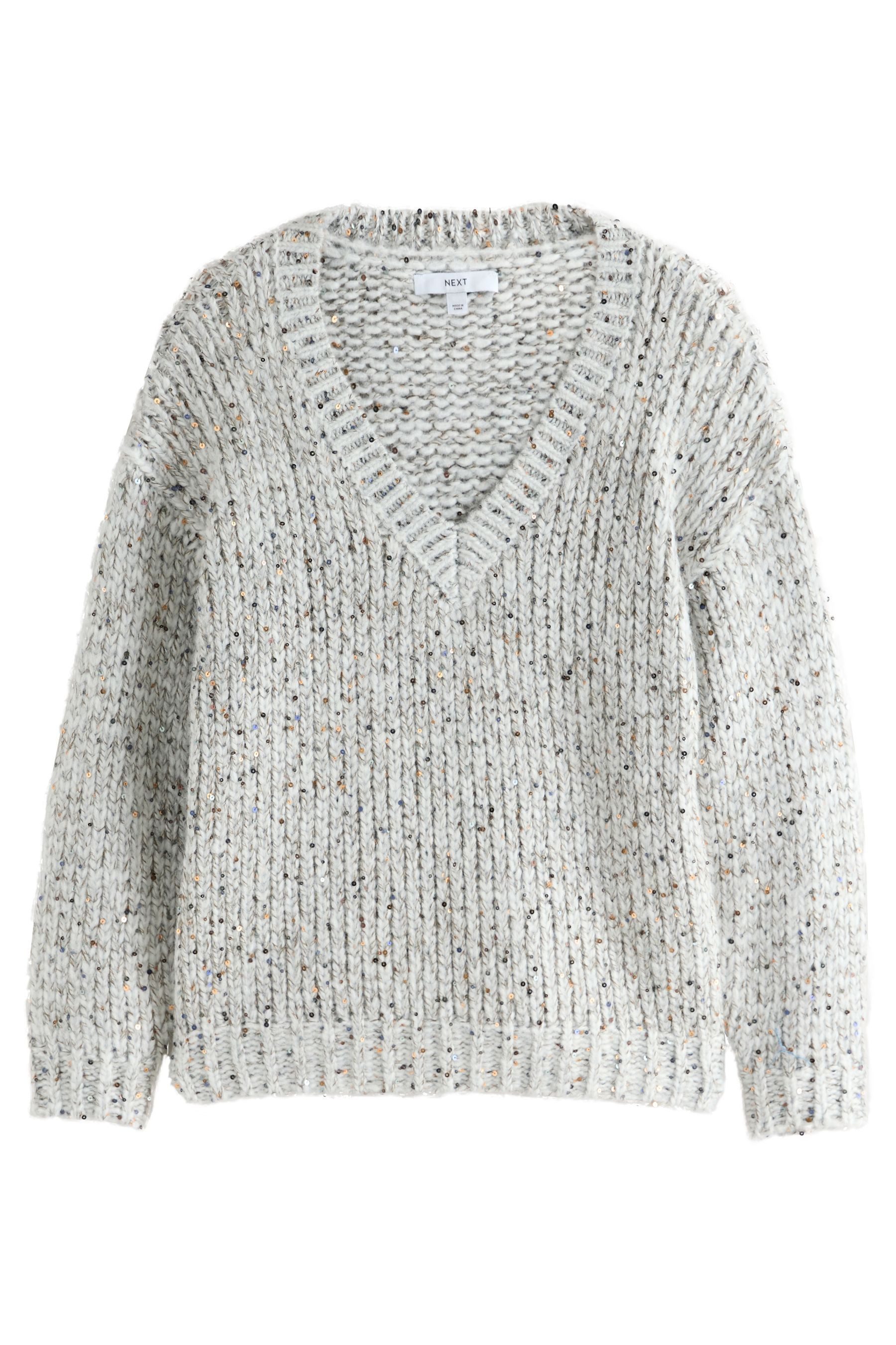 V-Ausschnitt-Pullover Grobstrickpullover mit Pailletten und V-Ausschnitt