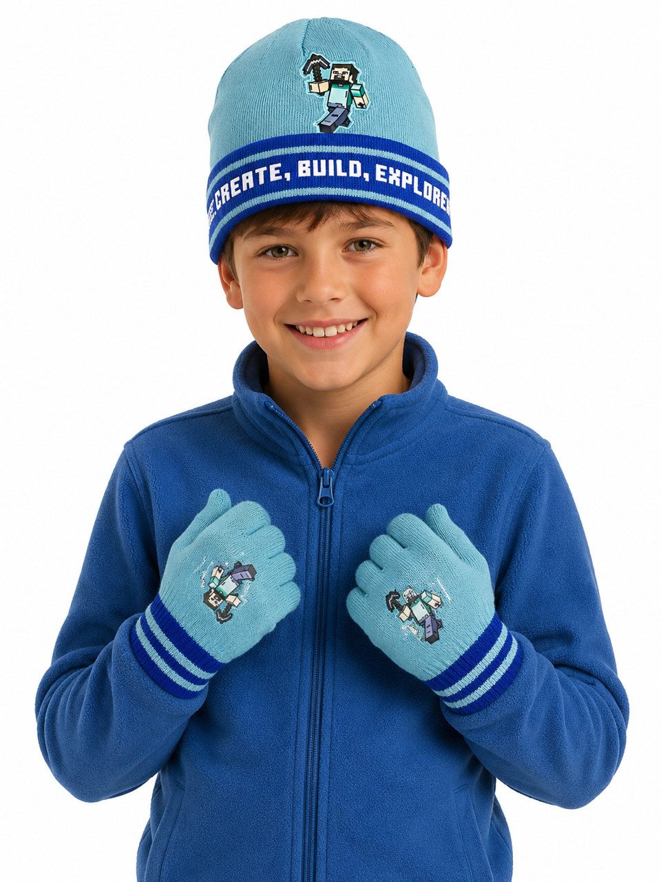 Minecraft Strickmütze Minecraft Mütze Handschuhe Set Kinder Winter Größen 54 und 56 (Set) Kinder Winterset Bekleidung Mütze + Handschuhe Jungen + Mädchen