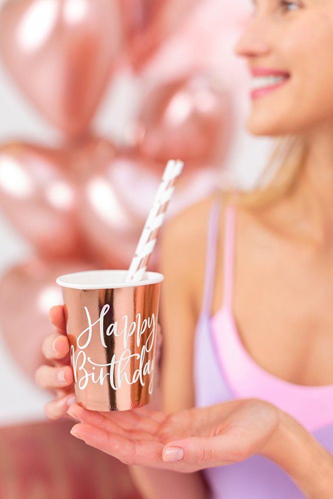 partydeco Einwegbecher, Papier, Pappbecher Happy Birthday 260ml roségold 6er Set