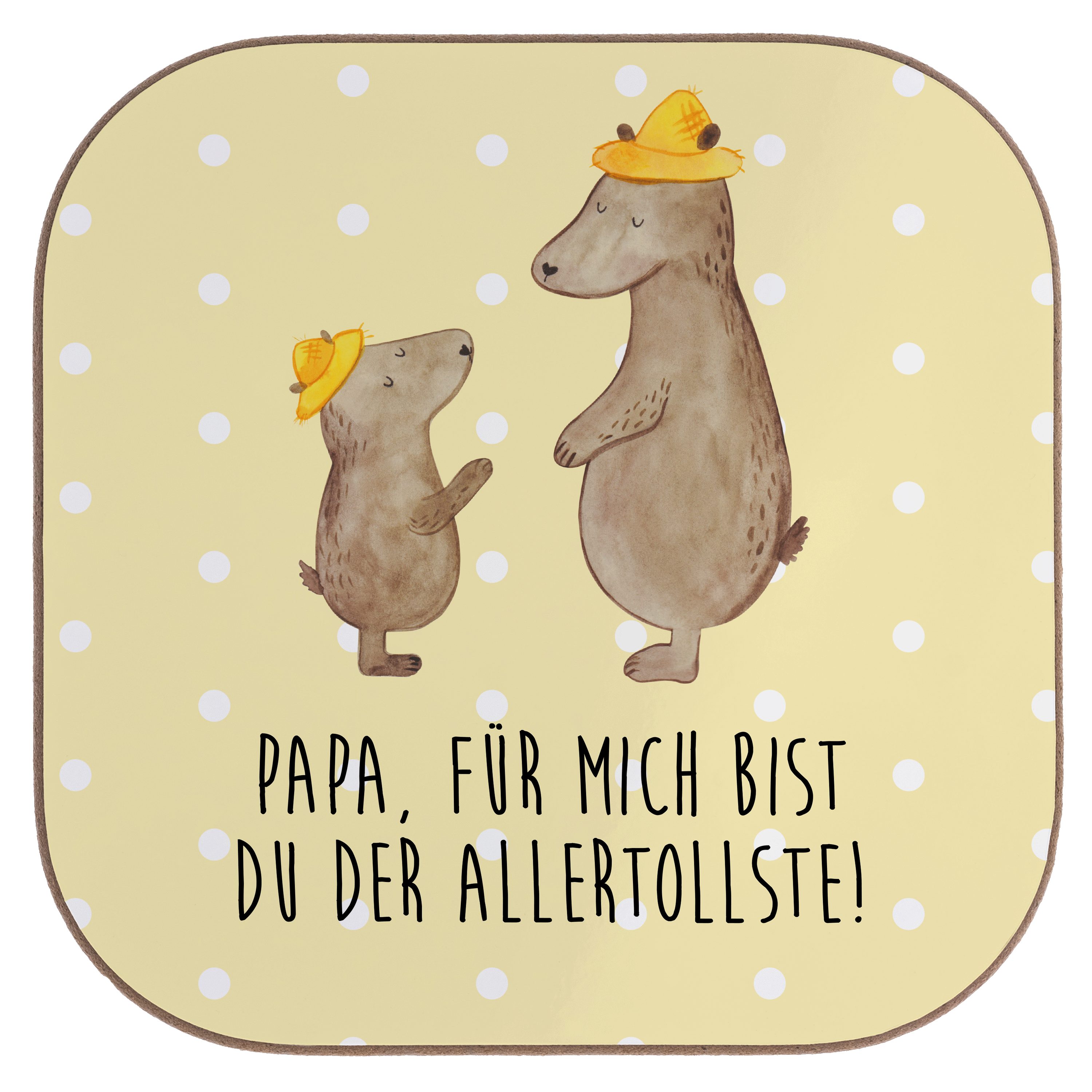 Mr. & Mrs. Panda Getränkeuntersetzer Bären mit Hut - Gelb Pastell - Geschenk, Vater, Vorbild, Familie, Bru, 1-tlg. | Getränkeuntersetzer