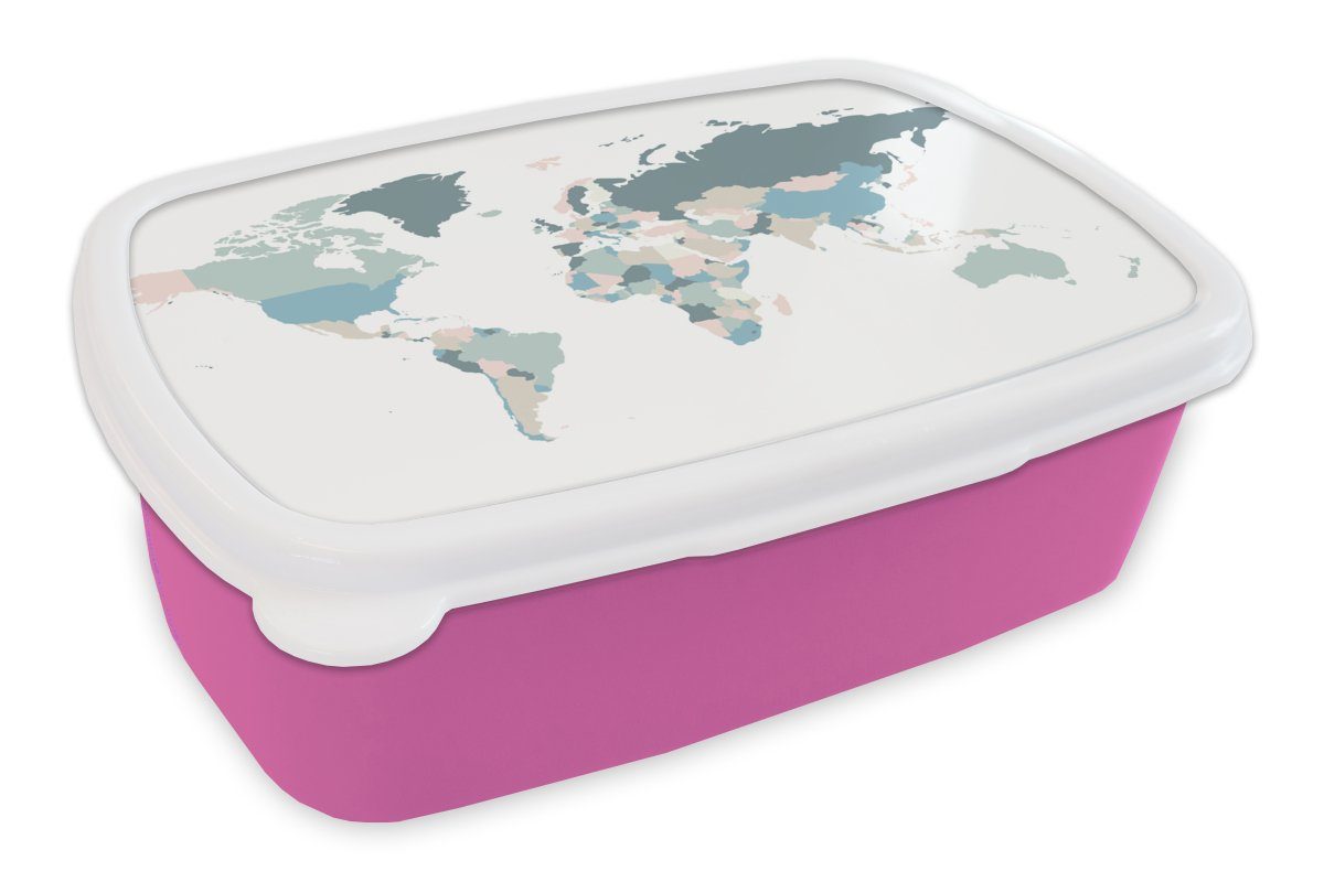 MuchoWow Lunchbox Weltkarte - Einfach - Pastell, Kunststoff, (2-tlg), Brotbox für Erwachsene, Brotdose Kinder, Snackbox, Mädchen, Kunststoff rosa