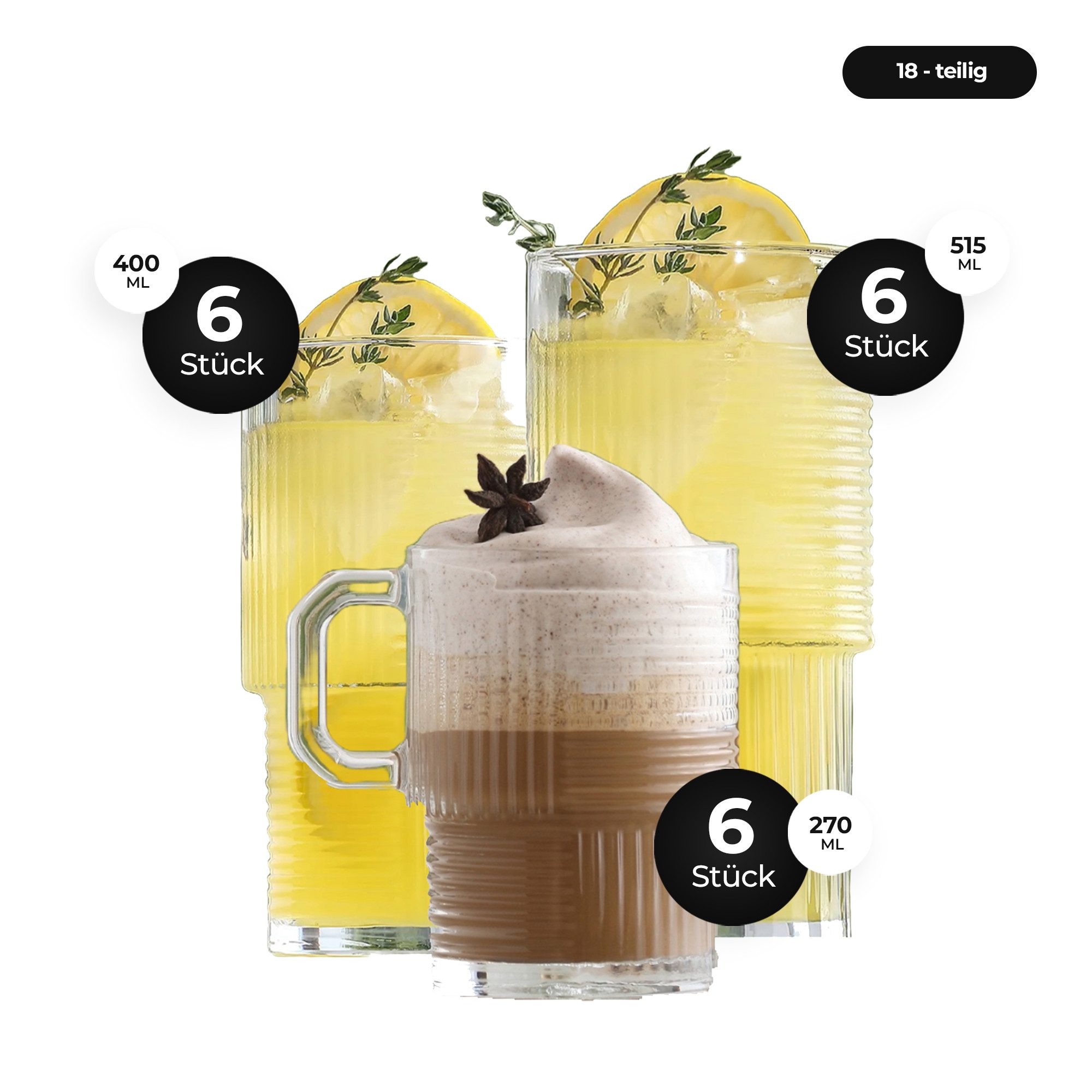 Gläser-Set Helen - Longdrink & Teegläser, 18-teilig (270ml, 400ml, 515ml)