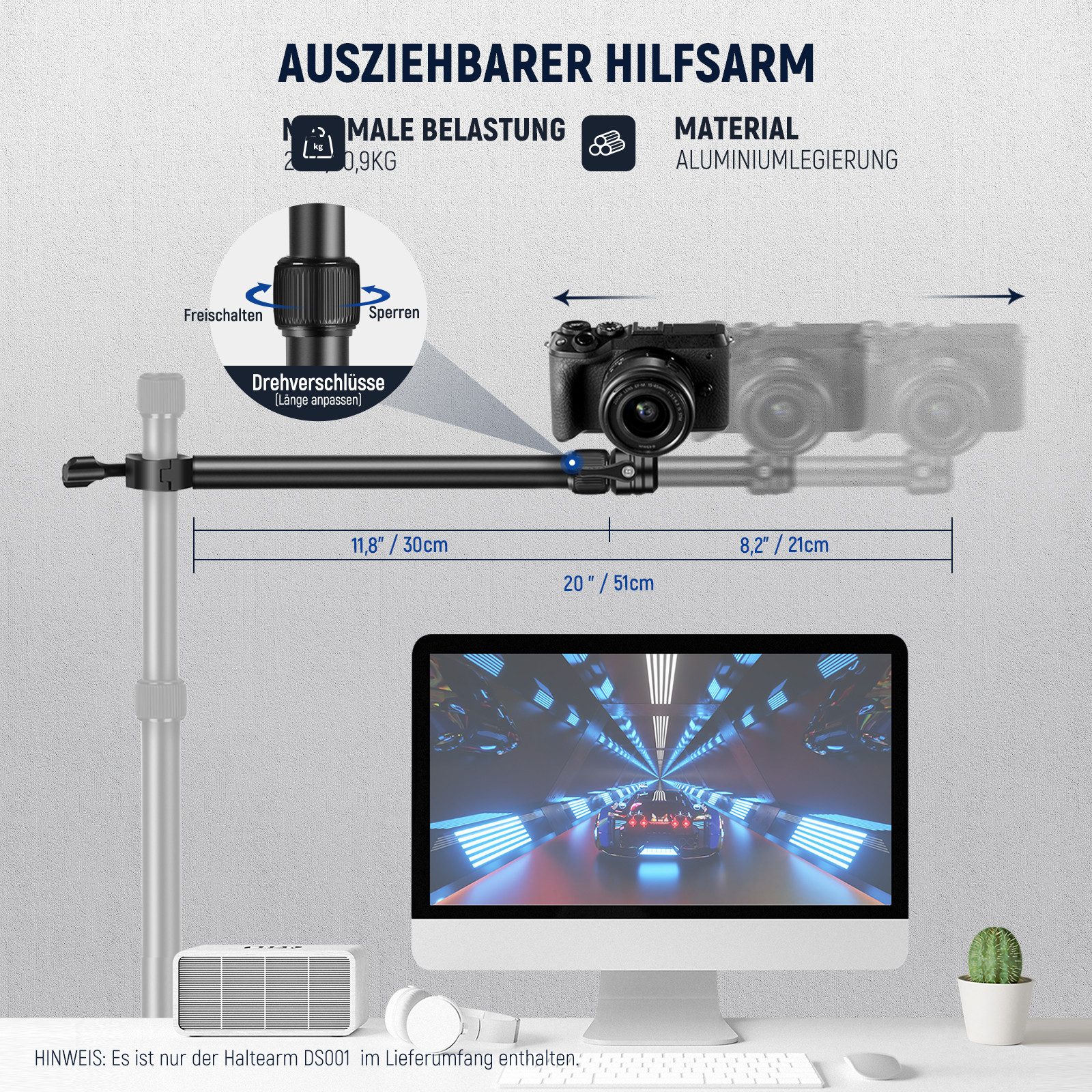 Neewer DS001 Tisch Überkopf Kamerahalterungsarm, 30-51cm Verlängerungsarm Galgenstativ (1/4" 3/8" 5/8" Schrauben, für Tischständer mit Kugelkopfhalterung)