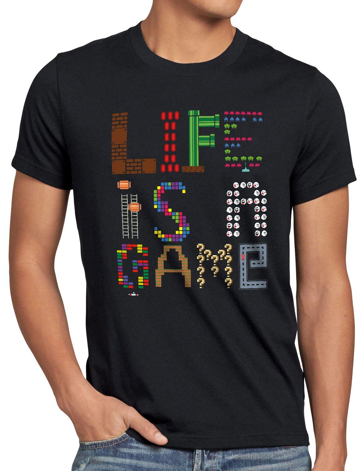 style3 Print-Shirt Herren T-Shirt Life is a Game Gamer Pixel Konsole Boy mario Spiel Jungen zelda schwarz