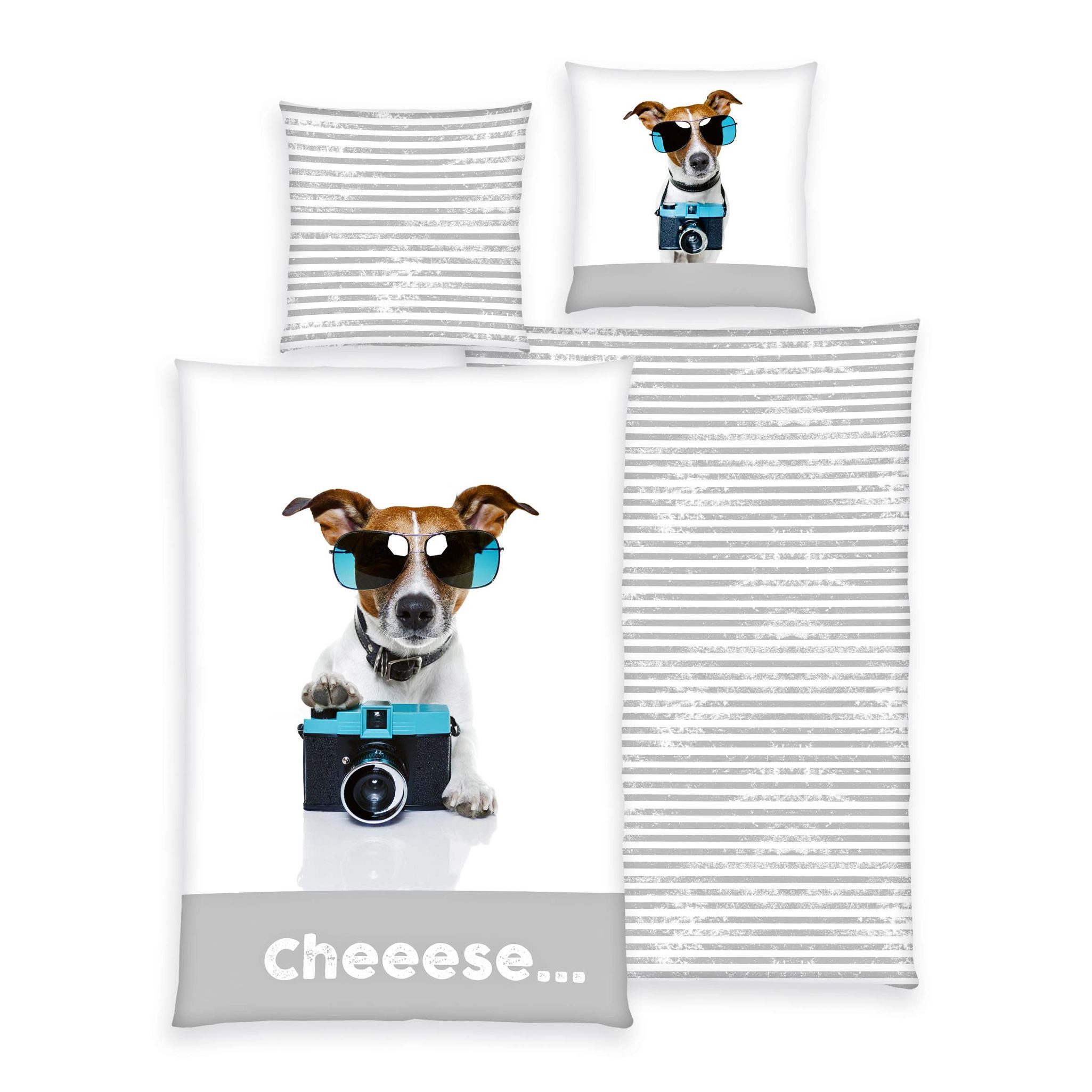 Herding Wendebettwäsche 135x200cm Jack Russel Hund Kamera Grau Weiß, Renfor günstig online kaufen